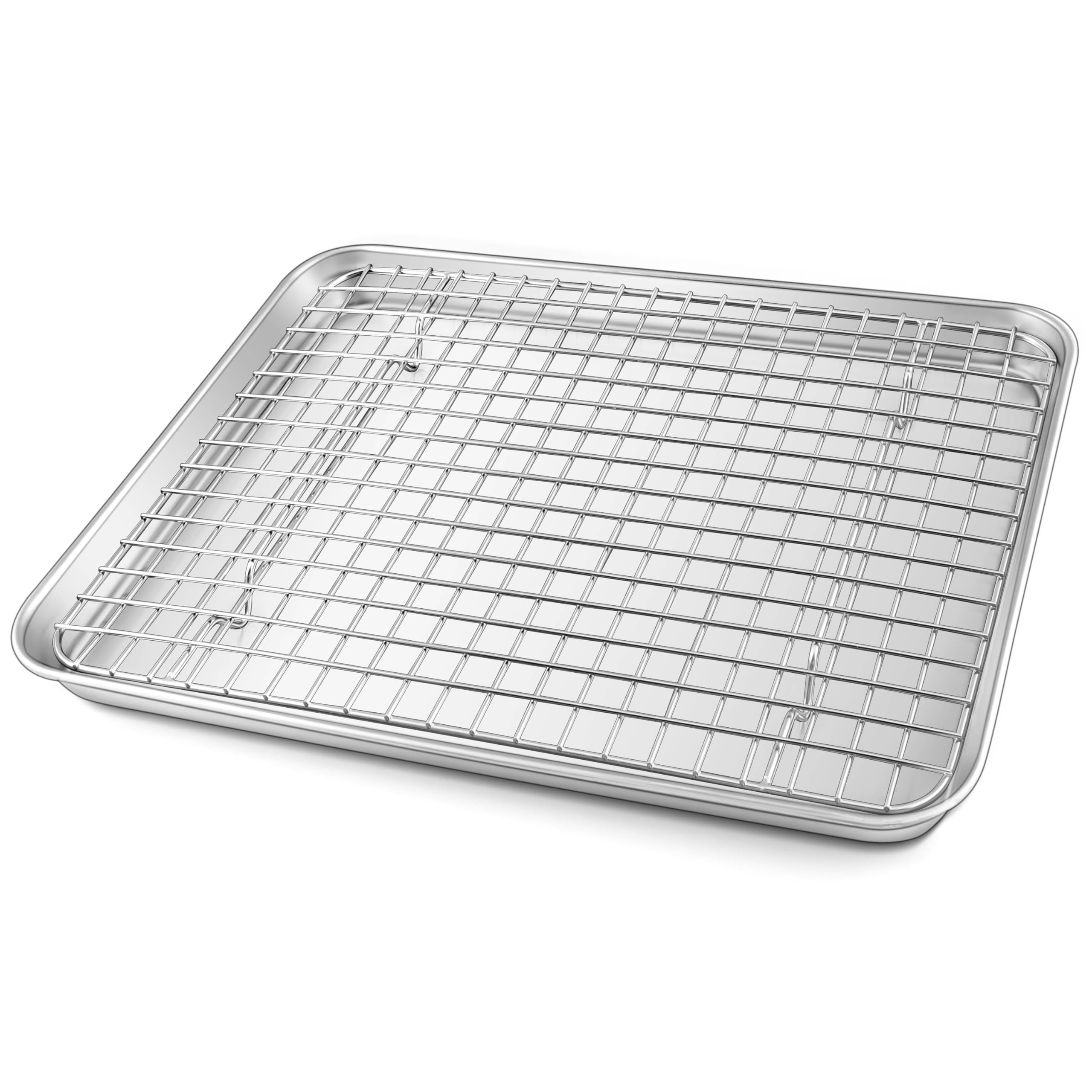 Stainless Steel Baking Pan Set with Rack - 12.5x10 Inch Toaster Oven Baking Tray & Cooling Rack for Roasting, Baking, Cookies, Pizza - Heavy Duty & Dishwasher Safe (2-Piece Set) - Perfect for Home Baking, Meal Prep & Holiday Cooking