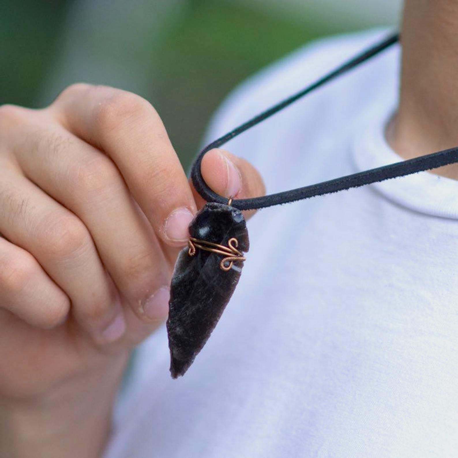Obsidian Arrowhead Pendant Necklace in Antique Bronze - Handmade Stone Jewelry for Men & Women | Perfect for Outdoor Adventures, Spiritual Healing & Boho Fashion
