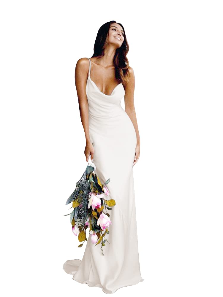 Elegant Ivory Satin Spaghetti Strap V-Neck Mermaid Wedding & Prom Dress for Women - Size 18 | Perfect for Bridesmaids, Beach Weddings & Formal Events