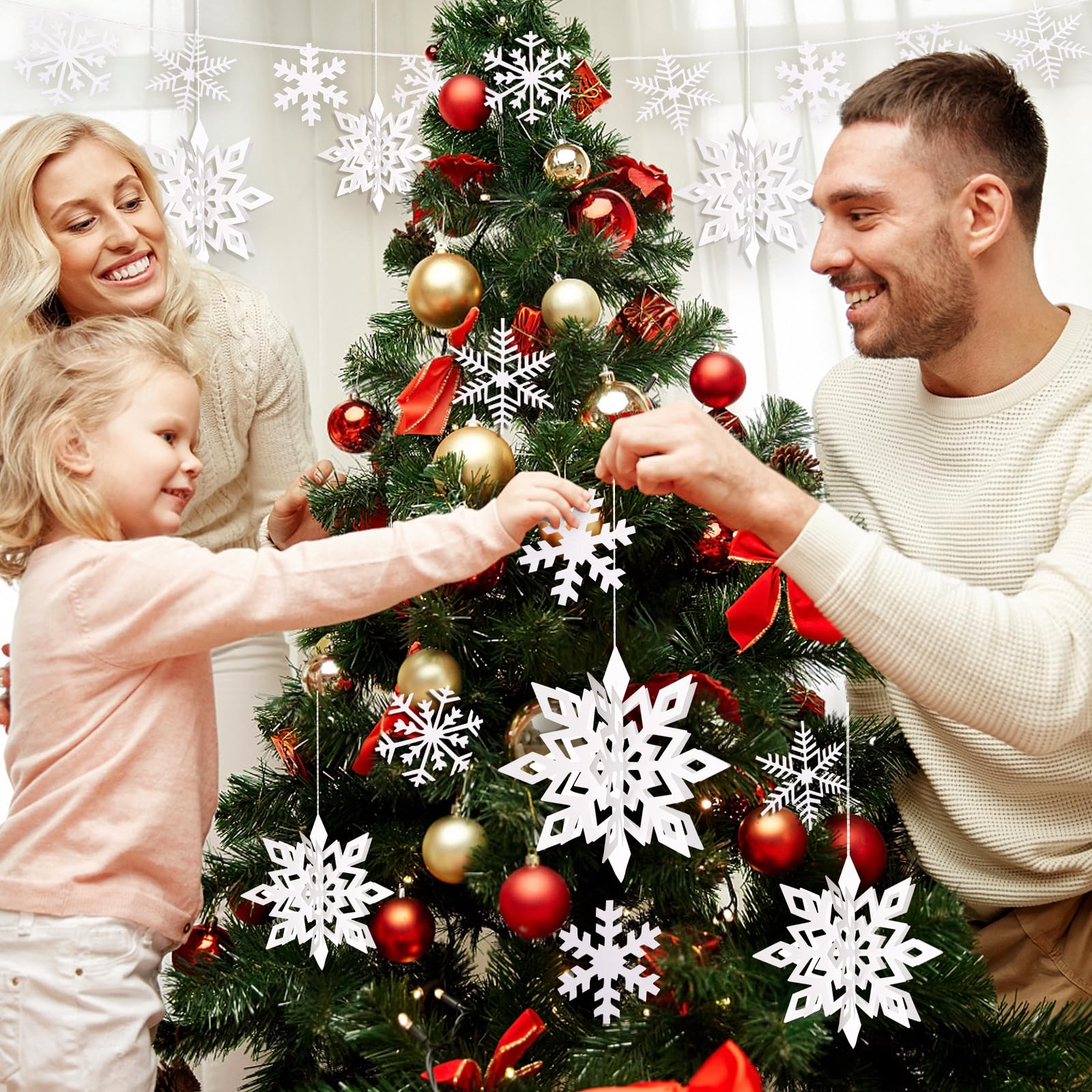 30pcs 3D Hanging Snowflake Decorations - Large Paper Snowflake Garland for Christmas Tree & Winter Wonderland Party Decor - Indoor Home Holiday Decorations for White Christmas, New Year & Winter Weddings