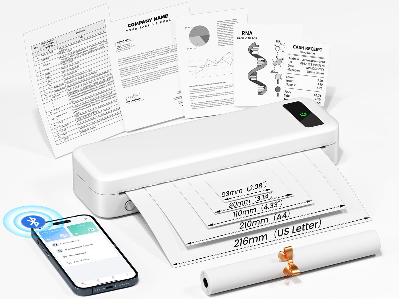 Wireless Bluetooth Thermal Printer - Portable Inkless Mobile Printer for Travel, Phone & Laptop - Compatible with 8.5x11