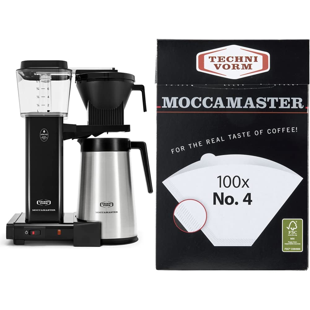 Technivorm Moccamaster KBGT 10-Cup Thermal Coffee Maker with 40oz Black Carafe - Includes 100 White Paper Filters #4 - Perfect for Home, Office & Specialty Coffee Brewing