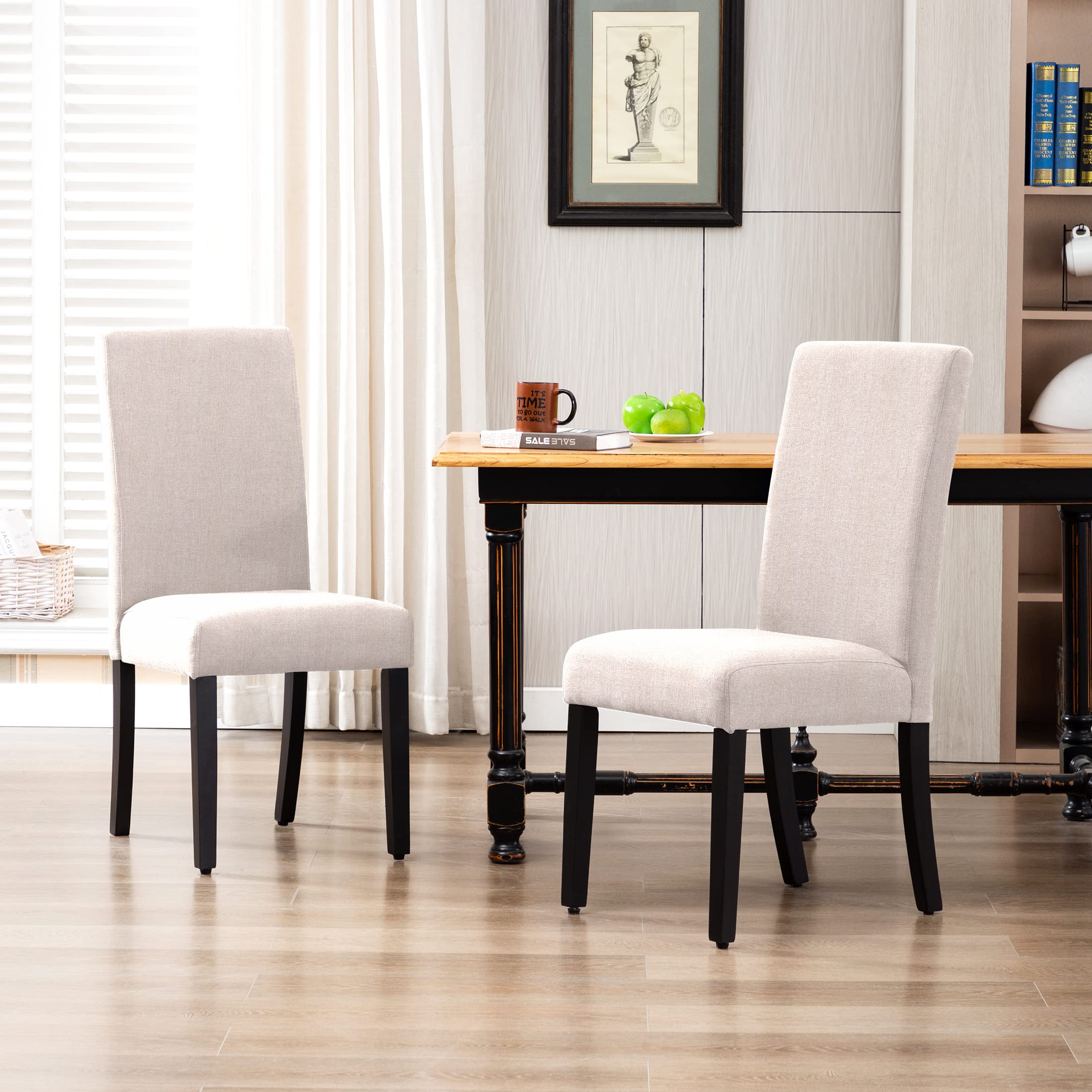 WestinTrends Linox Upholstered Dining Room Chairs Set of 2 - Modern Parsons Kitchen Chairs with Linen Fabric & Solid Wood Legs, Beige - Perfect for Dining Tables & Home Decor