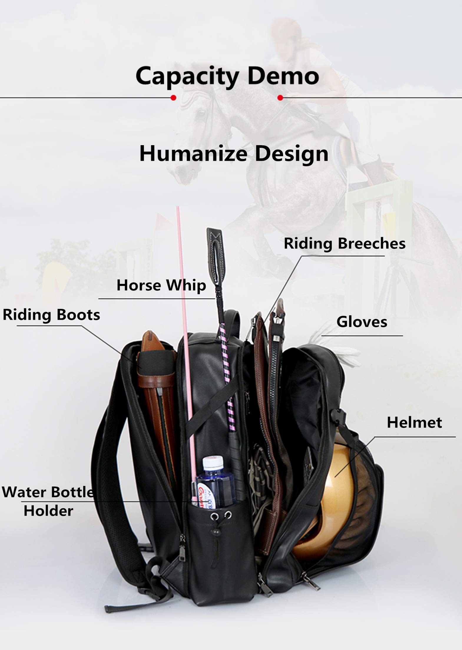 UNISTRENGH Professional Equestrian Backpack with Hidden Mesh Helmet Compartment - Waterproof Horse Riding Gear Storage Bag (Black PU Leather) - Perfect for Show Jumping, Dressage & Trail Riding