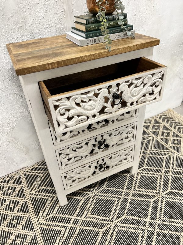 Hand Carved White Washed 4-Drawer Wooden Dresser - Vintage Bedroom Storage Furniture for Master Bedroom, Guest Room & Nursery Organization