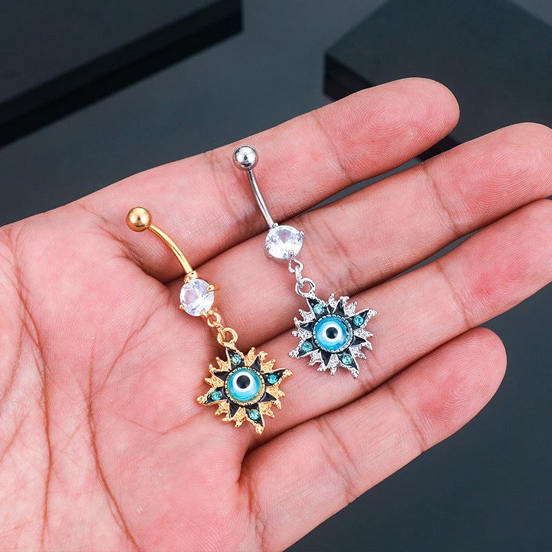 14G Gold Evil Eye Dangle Belly Button Ring Piercing Jewelry for Women | Navel Bar with Evil Eye Charm | Perfect for Belly Dance, Beach Wear & Body Jewelry Collection (Style Q2577)