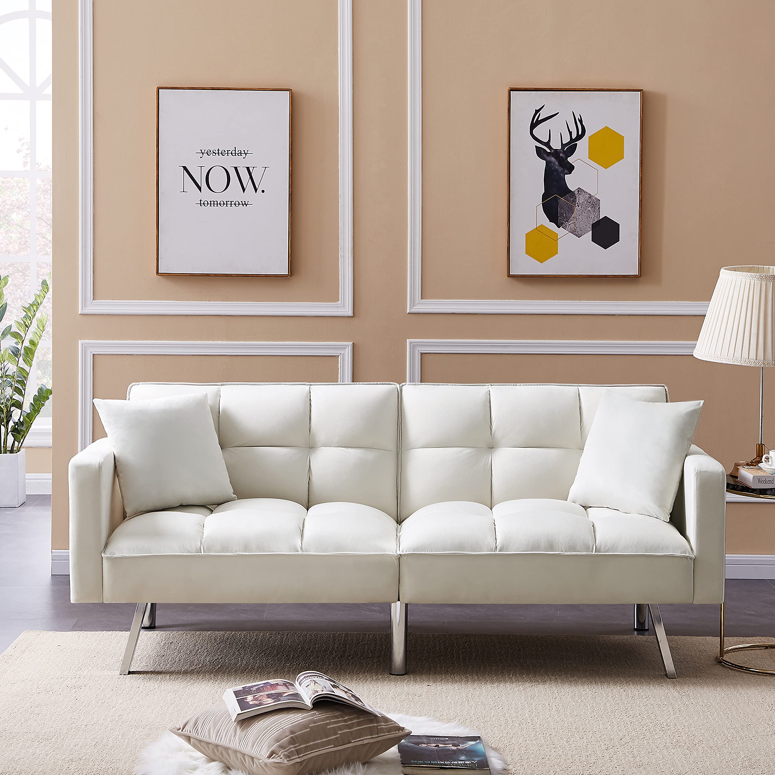 Velvet Convertible Futon Sofa Bed with 2 Pillows - 3-Position Adjustable Backrest, Modern Loveseat with 6 Sturdy Metal Legs for Living Room, Bedroom or Small Space (White) - Perfect for Guest Sleeping, Apartment Lounging & Studio Living