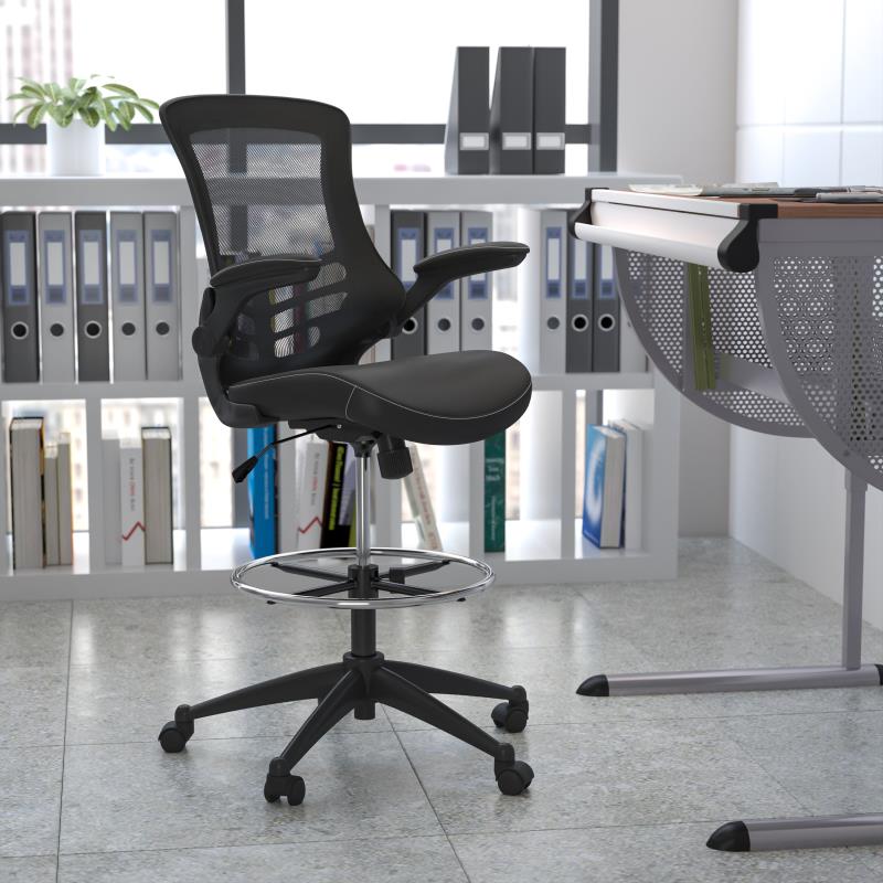 Kelista Mid Back Black Mesh Ergonomic Drafting Chair with LeatherSoft Seat - Adjustable Foot Ring & Flip-Up Arms - Perfect for Architects, Designers & Home Office Workspaces