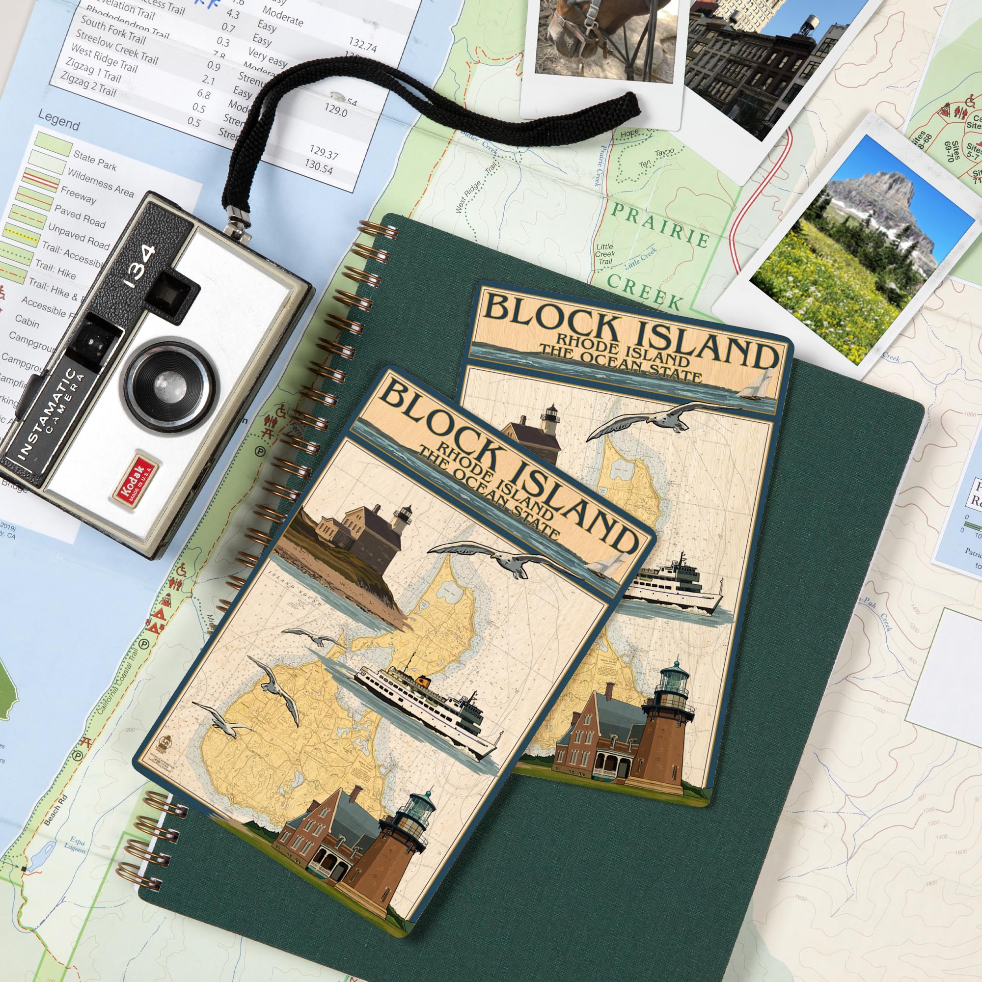 Block Island Rhode Island Nautical Chart with Ferry - 4x6 Birch Wood Postcards (2-Pack Stationery Set) - Rustic Coastal Home Wall Decor for Beach House, Office or Nautical Themed Rooms