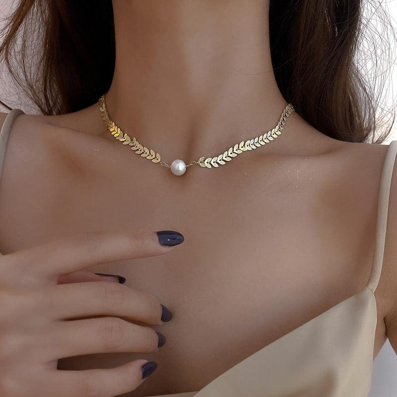 Wheat Leaf Pearl Choker Necklace - Elegant Chevron Design for Women | Perfect for Weddings, Parties & Special Occasions | HN1309