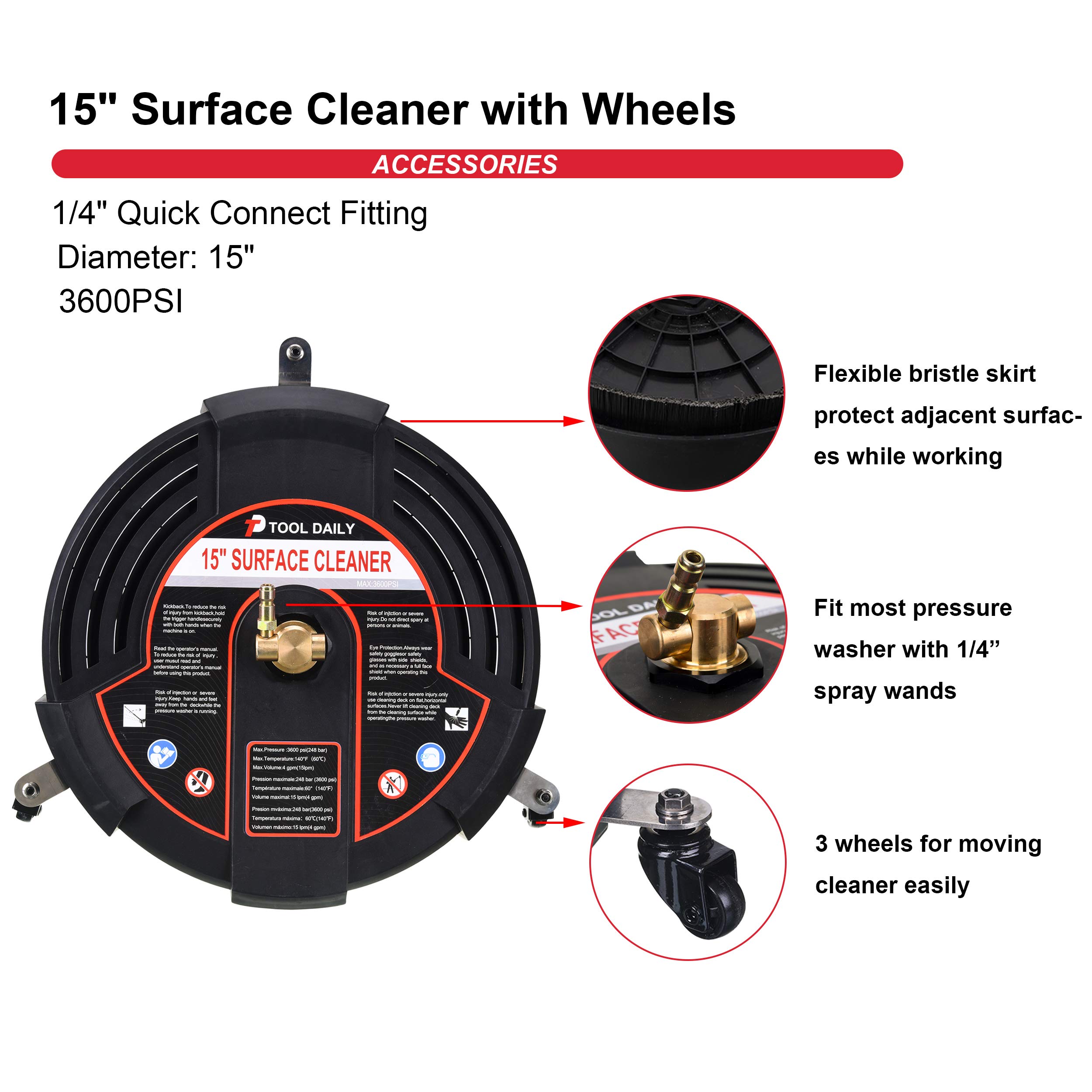 15 Inch Pressure Washer Surface Cleaner Attachment with Wheels - 3600 PSI Power Washer with 2 Extension Wands & 2 Nozzles - Ideal for Driveway, Deck, and Concrete Cleaning - Black