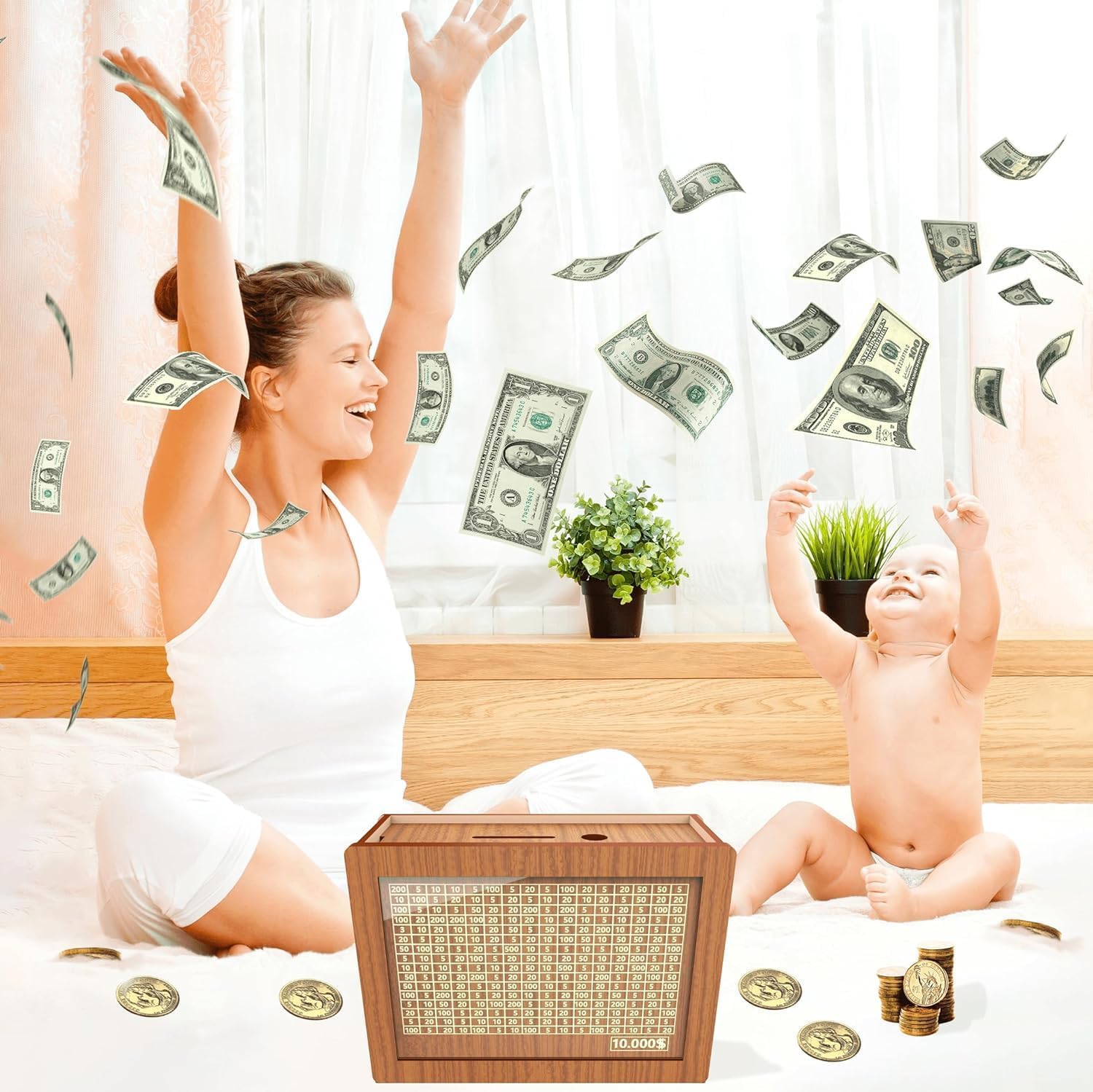Wooden Cash Vault Savings Box with Digital Counter - 10000 Dollar Goal Money Saver for Kids & Adults (Light Brown) | Perfect for Piggy Bank Replacement, Birthday Gifts, and Financial Education