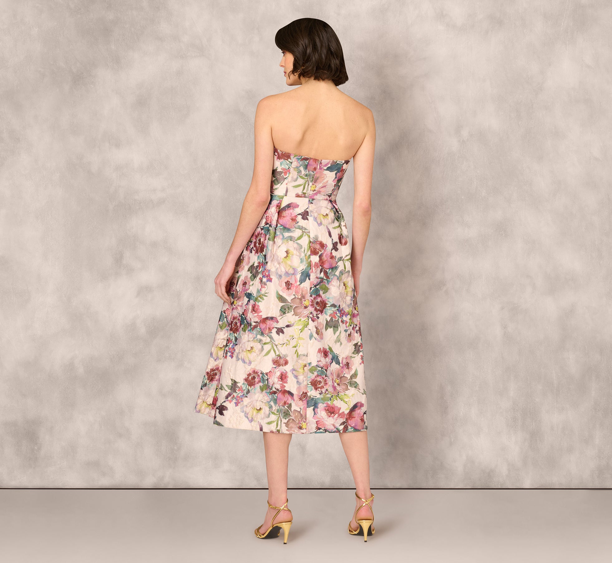 Strapless Floral Jacquard Midi Dress in Pink Multi - Perfect for Summer Weddings, Garden Parties & Beach Vacations