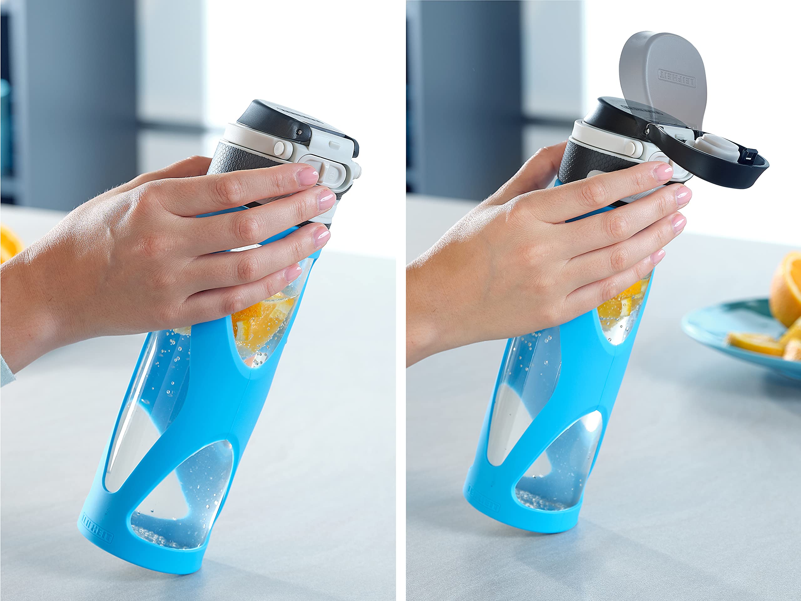 Leifheit 600ml Glass Flip Water Bottle - BPA-Free, Shockproof, 100% Leak Proof, One-Hand Operation with Fruit Infuser Filter | Sustainable Reusable Sports Bottle for Gym, Hiking & Daily Hydration (Water Blue)