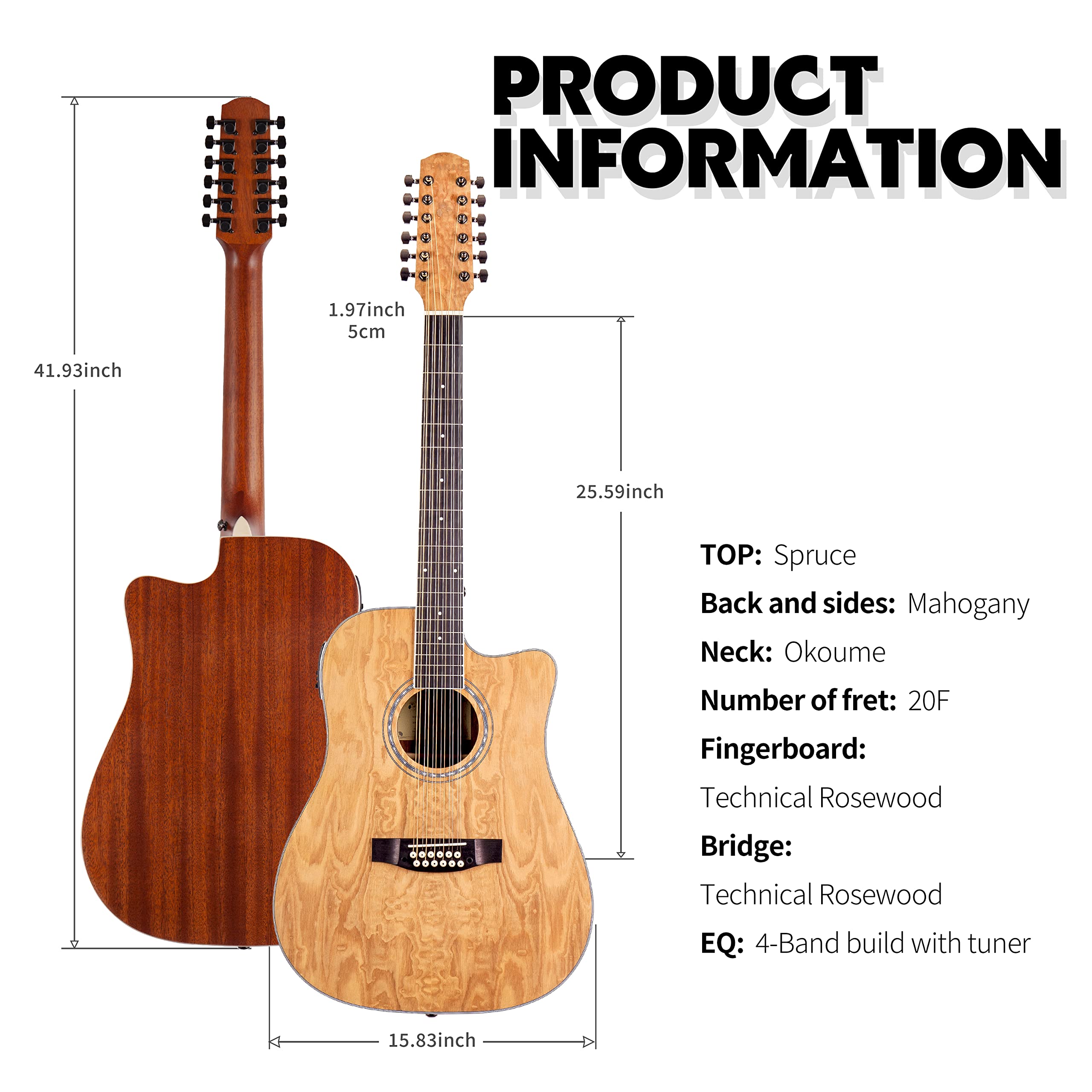 TARIO 12-String Acoustic Electric Guitar with Cutaway - Curly Ash Top, Mahogany Back & Sides, Okoume Neck - Perfect for Live Performances, Studio Recording & Traveling Musicians