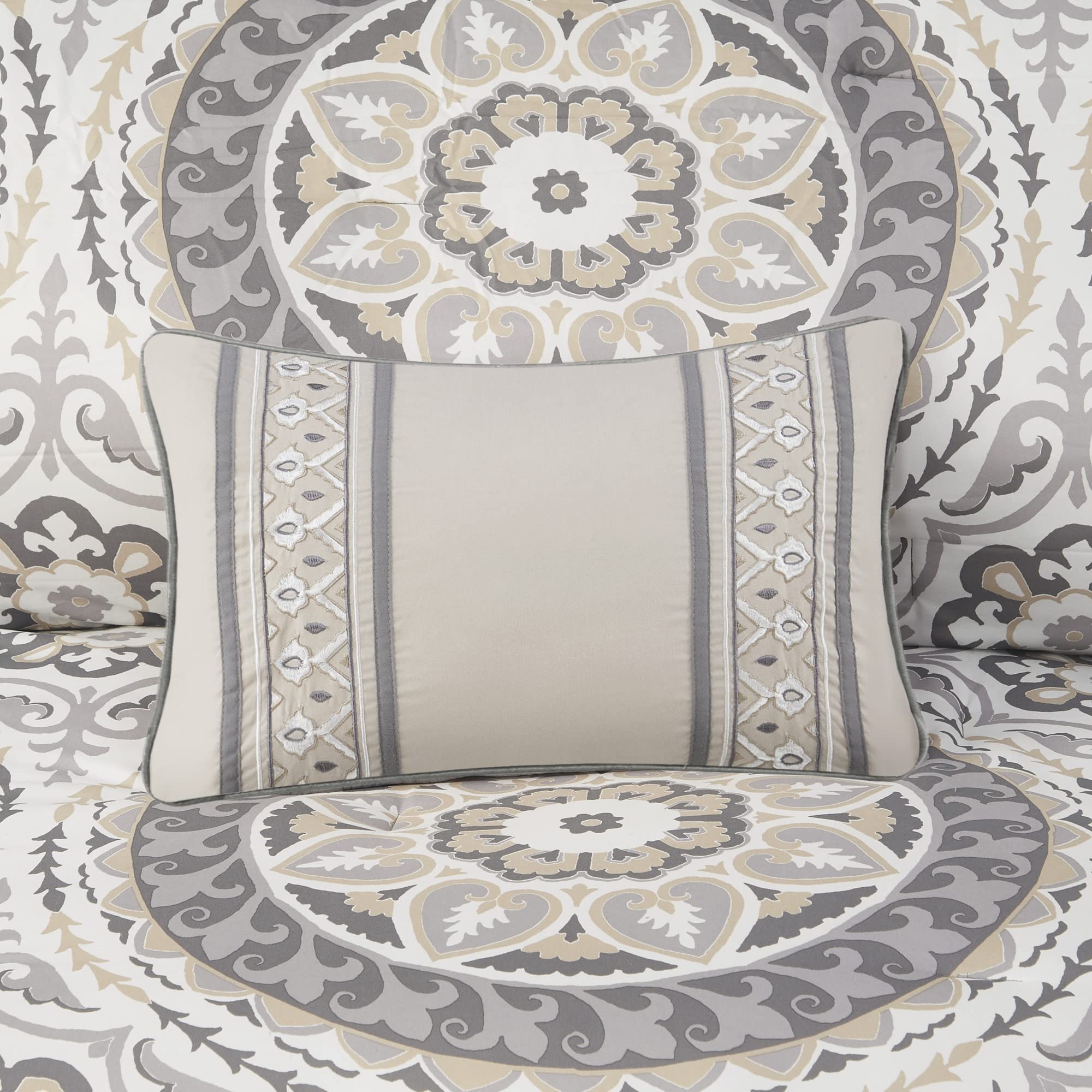 Madison Park Essentials Serenity 9-Piece Queen Bed in a Bag Comforter Set - Medallion Damask Design, All-Season Cotton Bedding with Sheet Set & Bedskirt (90