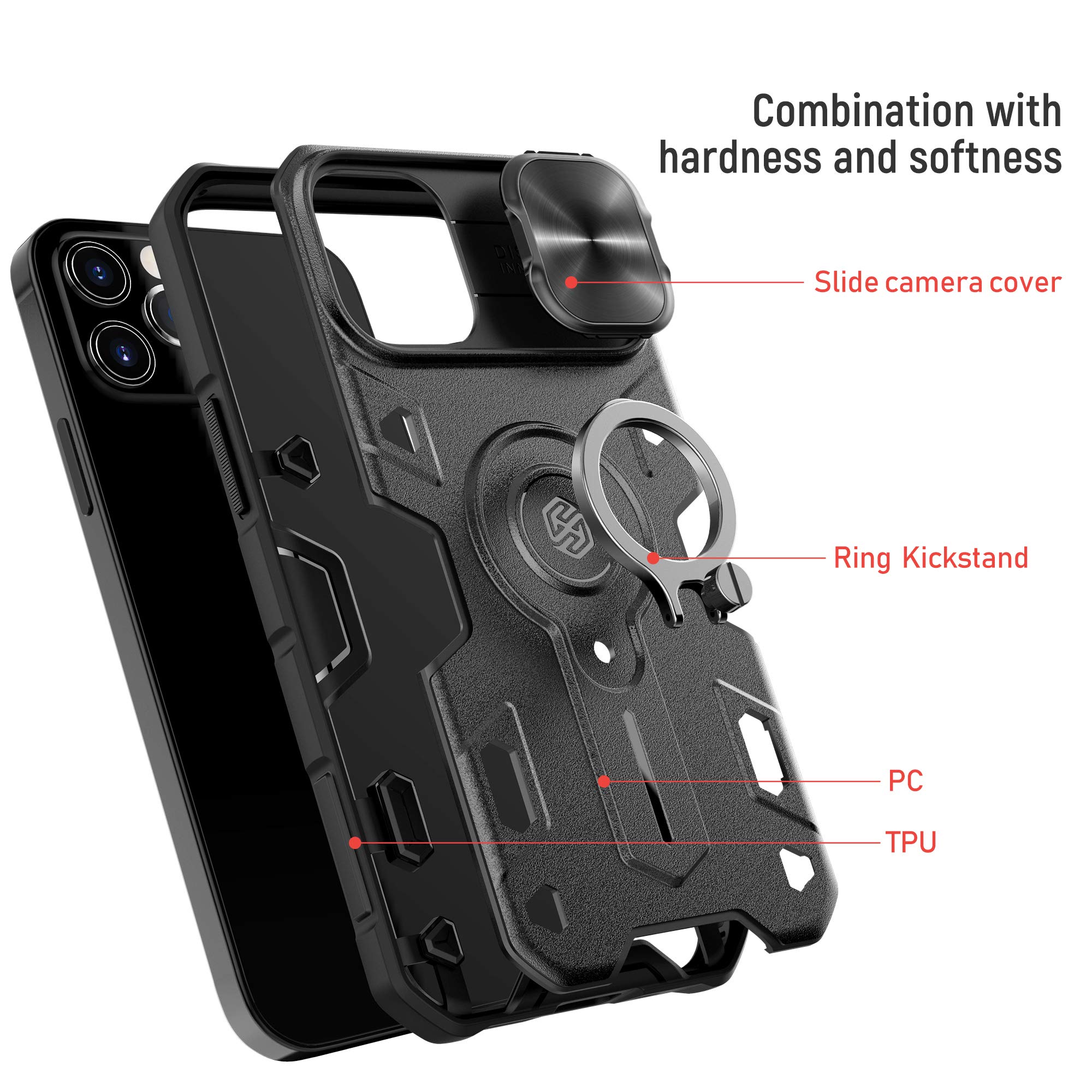 Nillkin CamShield Armor Case for iPhone 12 Pro Max (6.7 inch 2020) - Slide Camera Cover, PC & TPU Impact-Resistant Bumper with Ring Kickstand - Black | Perfect for Daily Protection, Outdoor Activities & Travel