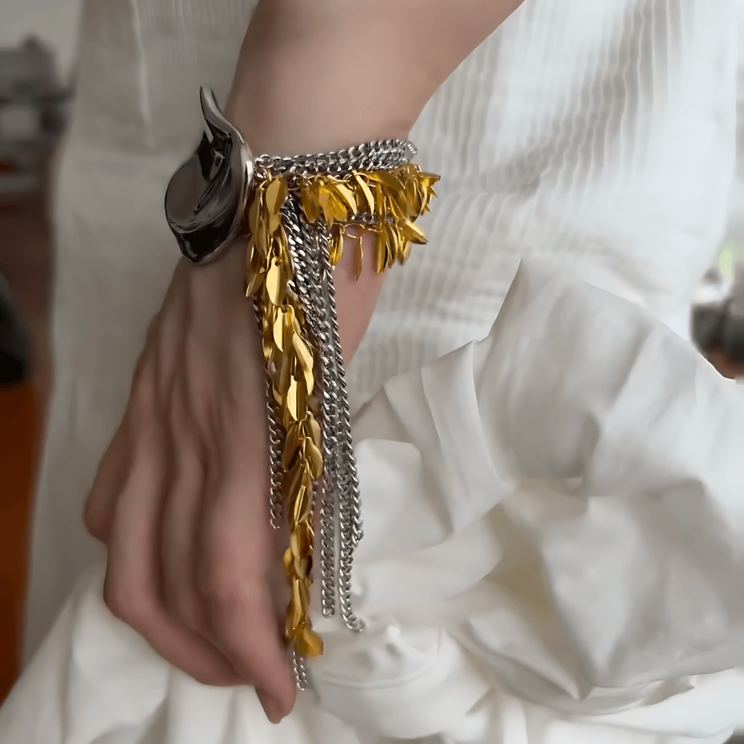 Exaggerated Metallic Two-Tone Leaf Statement Bracelet - Elegant Boho Jewelry for Women | Perfect for Parties, Weddings & Everyday Wear | R099