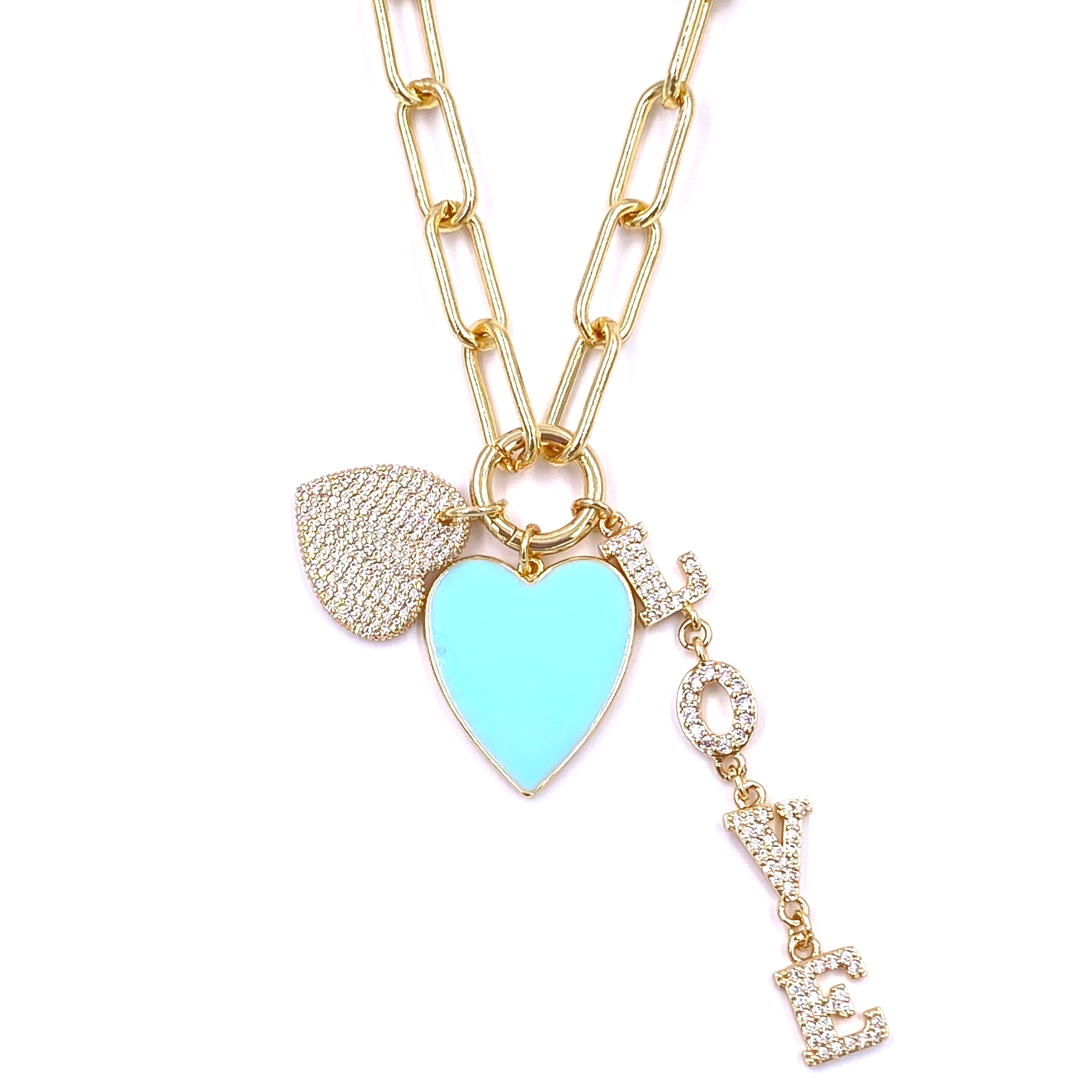 Ashley Gold Stainless Steel Gold Plated Triple Powder Blue Enamel Charm Necklace for Women - Elegant Layered Pendant Jewelry Gift for Birthday, Anniversary & Special Occasions