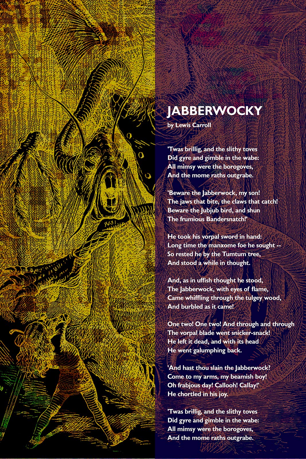The Jabberwocky Poem Art Print - Lewis Carroll Literary Wall Decor - 18x12 Inch Monster Illustration Poster - Unique Gift for Book Lovers & Home Office Decor