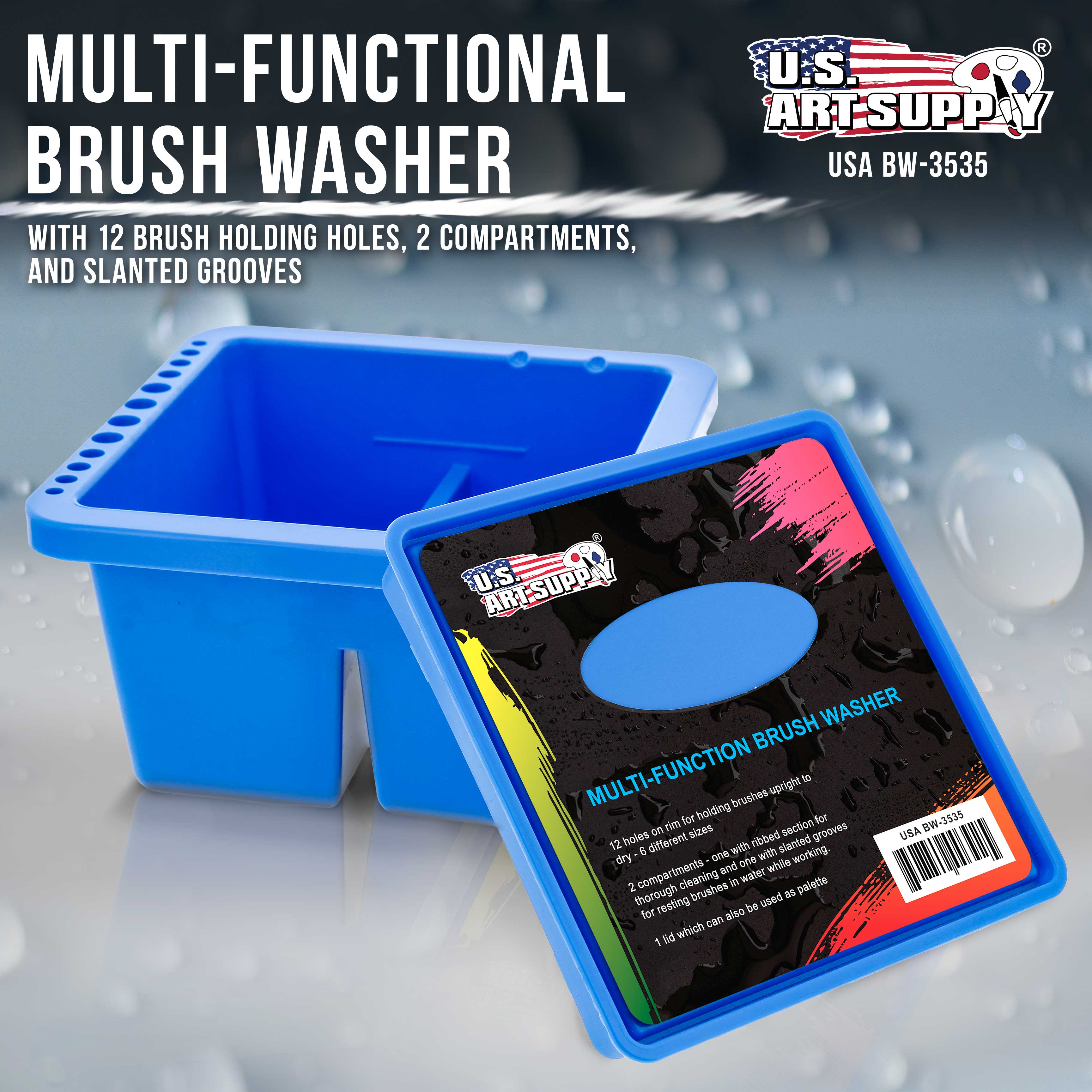 12-Hole Multi-Function Plastic Brush Washer, Cleaner & Holder with Palette Lid - Clean, Dry, Rest, Store & Organize Artist Paint Brushes - Perfect for Acrylic, Oil & Watercolor Painting - Ideal for Art Studios, Classrooms & Home Use
