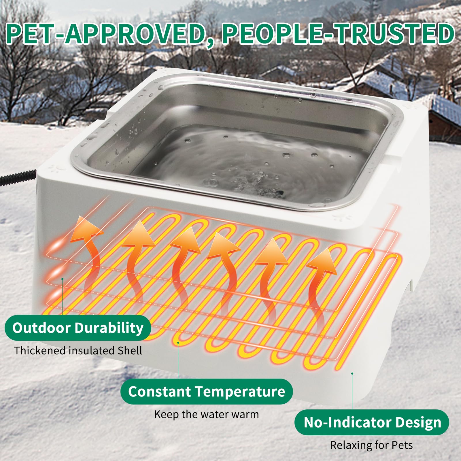 110OZ Heated Pet Water Bowl for Dogs & Cats - 100W Electric Stainless Steel Outdoor Water Dish with Thermostat & Removable Bowl - Winter-Proof Drinking Solution for Cold Weather - Perfect for Backyards, Kennels & Outdoor Pet Houses (White)