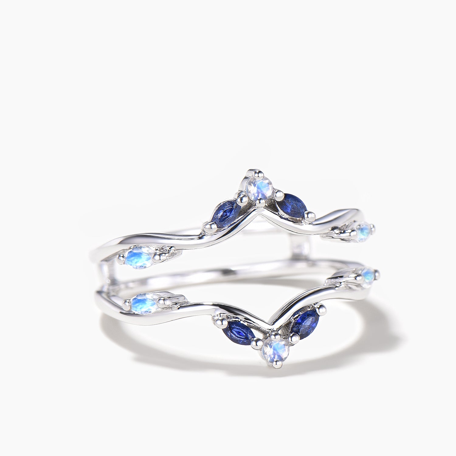 Exquisite Marquise Cut Sapphire & Round Moonstone White Gold Wedding Band Enhancer Ring - Perfect for Bridal Jewelry, Anniversary Gifts & Special Occasions