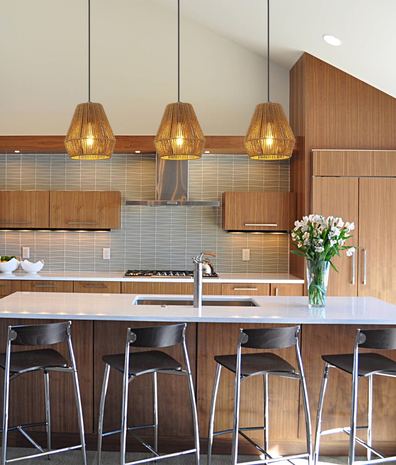 3 Pack Woven Rattan Pendant Lights - 7