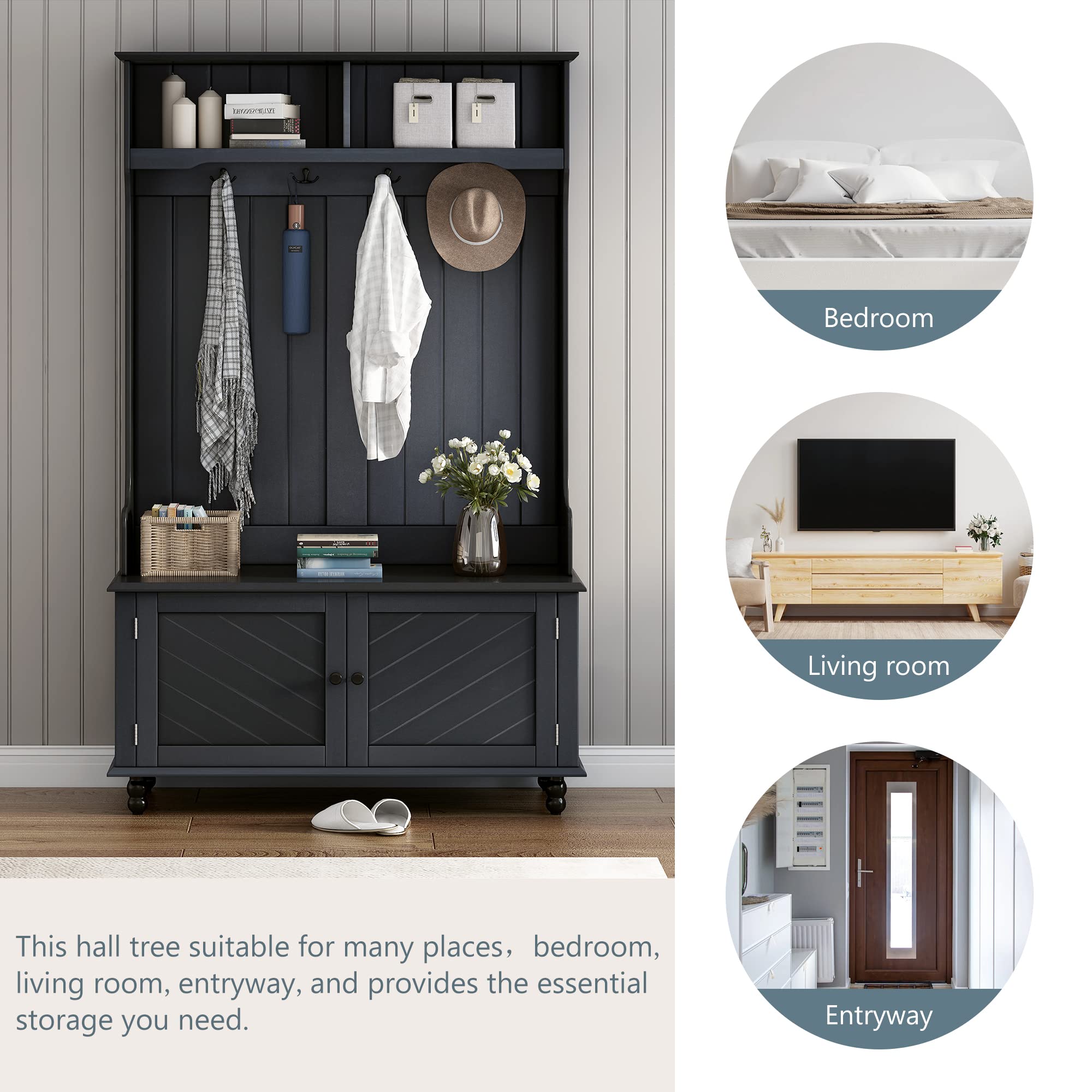 Goujxcy 3-in-1 Entryway Hall Tree with Storage Bench - Modern Coat Rack & Shoe Organizer Cabinet for Living Room & Hallway - Black - Perfect for Small Spaces & Home Organization