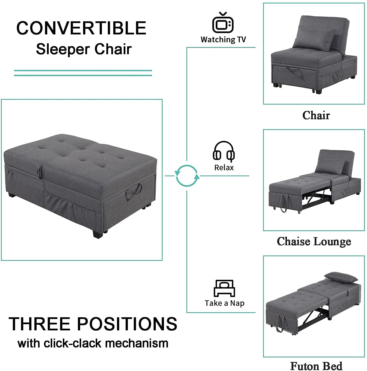 BINGTOO 4-in-1 Convertible Sleeper Sofa Chair Bed - Multi-Functional Folding Ottoman Pull Out Sleeper Couch for Living Room, Guest Room & Small Spaces - Modern Space-Saving Furniture for Apartments, Dorms & Home Offices
