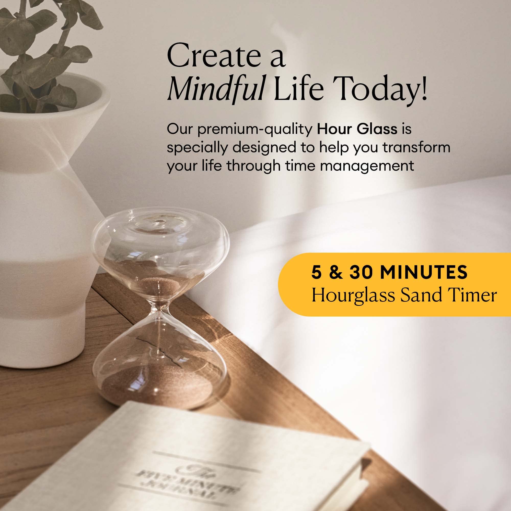 Mindful Focus 5-Minute Hourglass Sand Timer for Productivity & Time Management | Minimalist Desk Timer | Decorative Gift (3.3