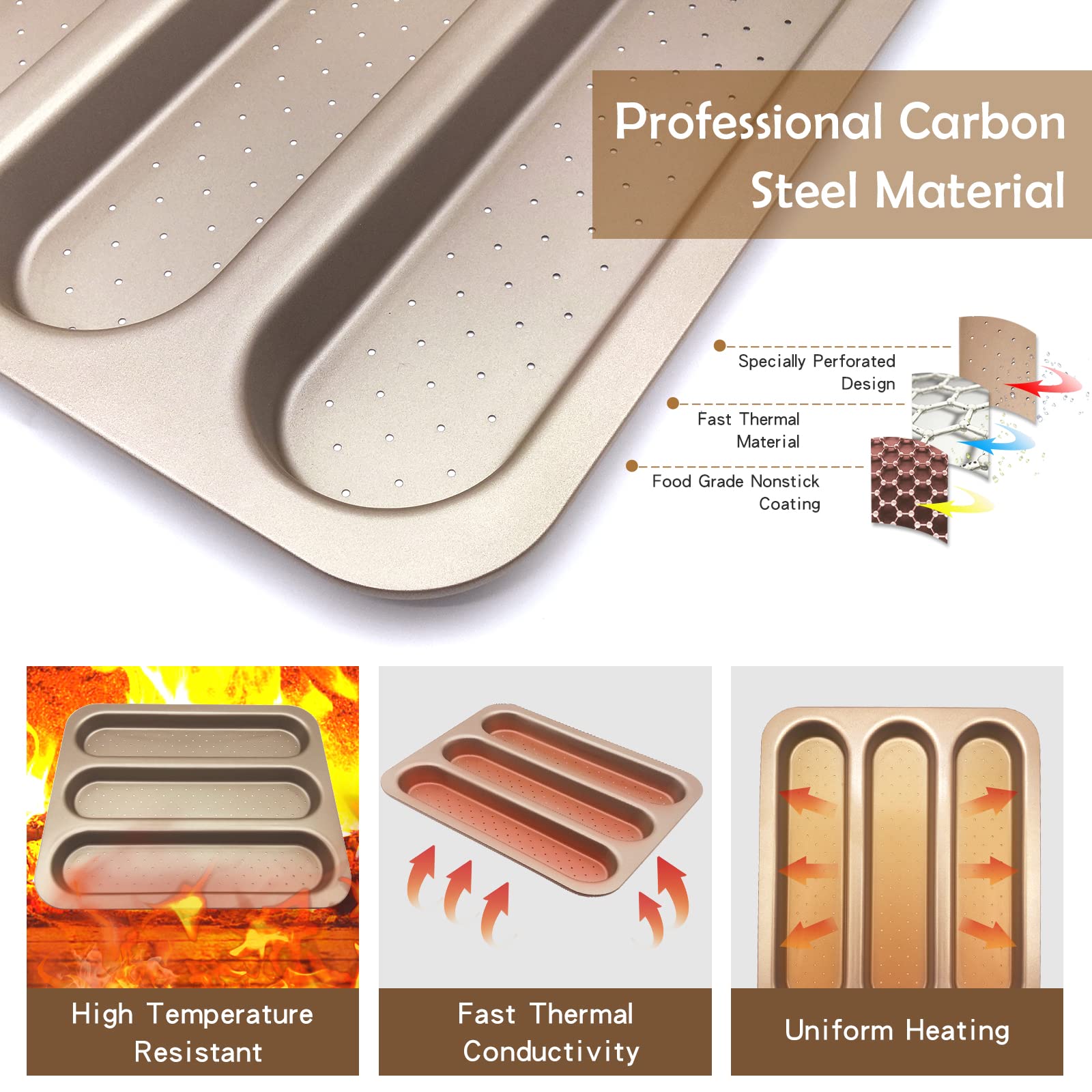 Premium Carbon Steel Perforated Baguette Pan - 3 Cavity French Bread Mold for Baking Long Loaf, Toast & Cake | Nonstick Bocadillo Tray | Oven-Safe Bakeware for Professional & Home Bakers | Perfect for Artisan Bread, Sandwiches & Party Appetizers