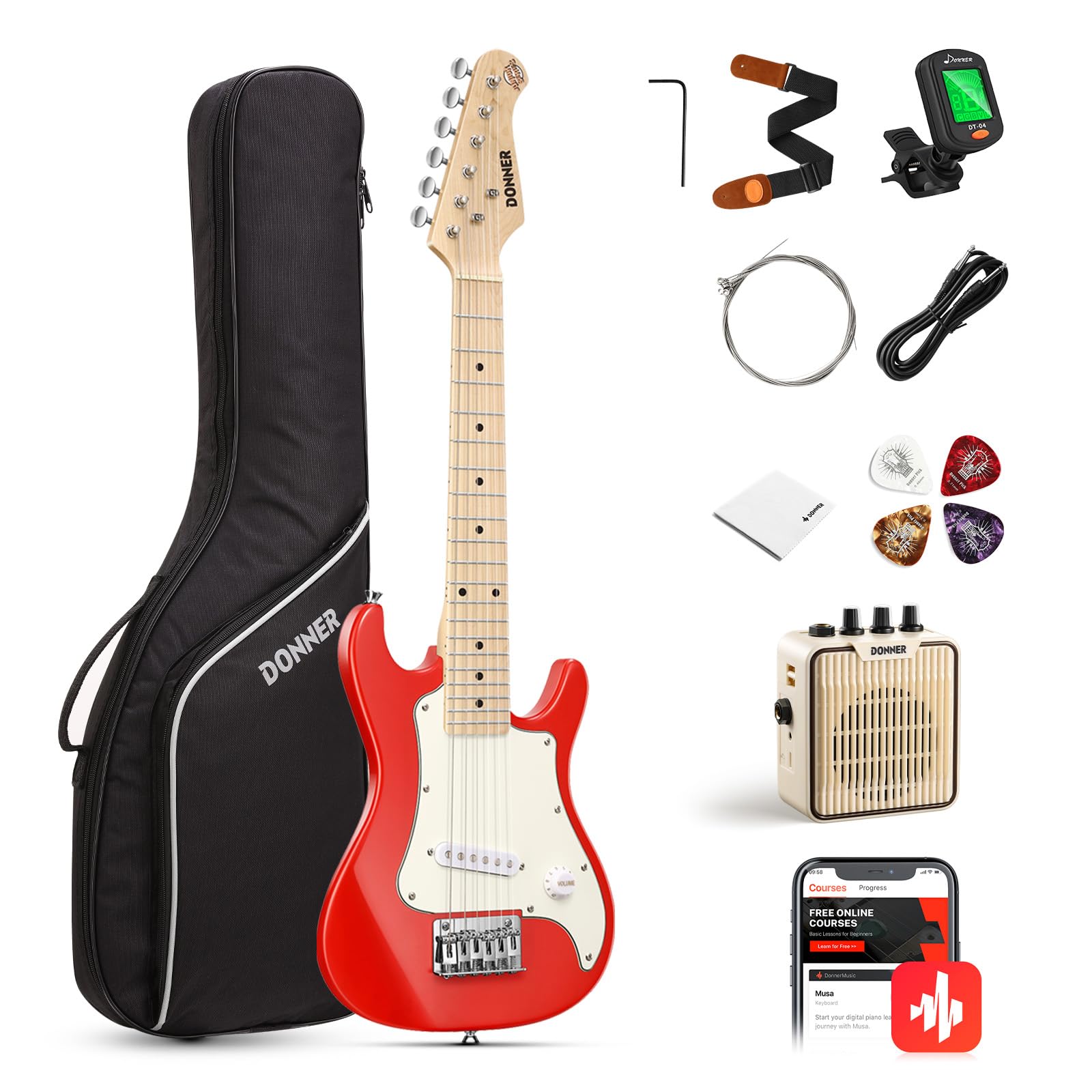 Donner 30 Inch Kids Electric Guitar Beginner Kit - ST Style Mini Electric Guitar for Boys & Girls with Amp, 600D Gig Bag, Digital Tuner, Picks, Cable, Strap & Extra Strings (DSJ-100, Red) - Perfect for Home Practice, Music Lessons & Rockstar Performances