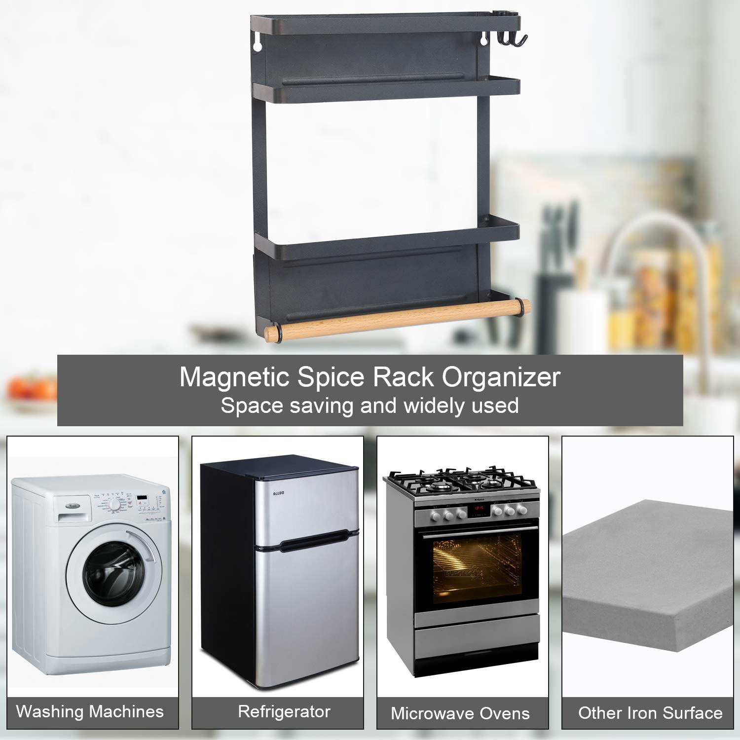 Magnetic Refrigerator Shelf Organizer - Black Fridge Spice Rack & Paper Towel Holder for Kitchen Storage | Space-Saving Spice Jars Organizer for Refrigerator Door & Cabinet (Perfect for Small Kitchens & Pantries)