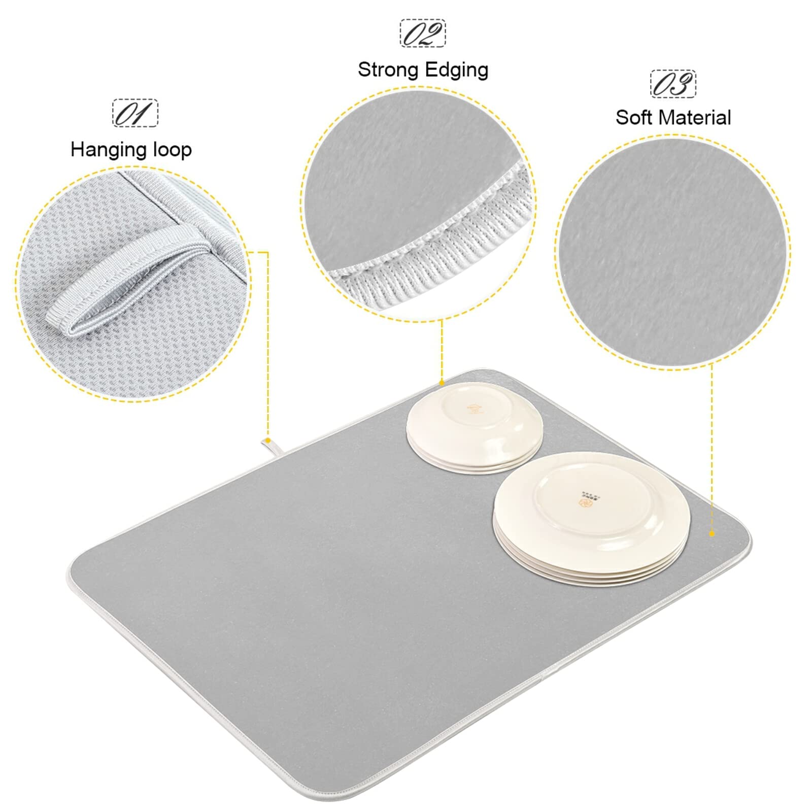 **XL Silver Microfiber Dish Drying Mat - Heat Resistant Kitchen Counter Accessory (16x18 Inch) for Dishes, Utensils & Cookware - Perfect for Sink Side, Countertop & Dish Rack Organization**