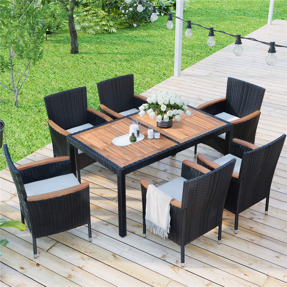 7-Piece Outdoor Sectional Conversation Set with Soft Cushions & Acacia Wood Table - Patio Wicker Furniture Set with Stackable Armrest Chairs - Perfect for Backyard, Garden, Poolside & Outdoor Entertaining