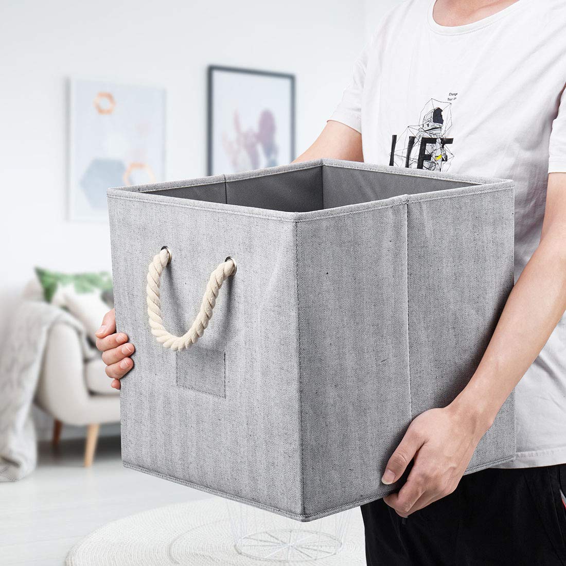 Foldable Cube Storage Bins 3-Pack - 13x13x13 Inch Collapsible Organizer Bins with Cotton Rope Handles for Closet, Home & Office Organization - Space Saving Grey Fabric Baskets (Perfect for Toys, Books, Blankets & Wardrobe Storage)