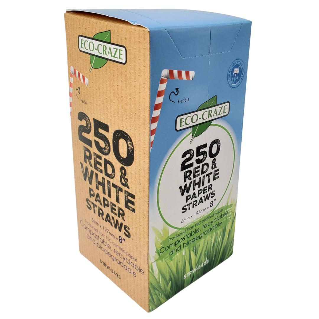 Eco-Friendly 8-Pack Red & White Paper Straws - Flexible 6mm Diameter Biodegradable Drinking Straws for Parties, Restaurants & Home Use