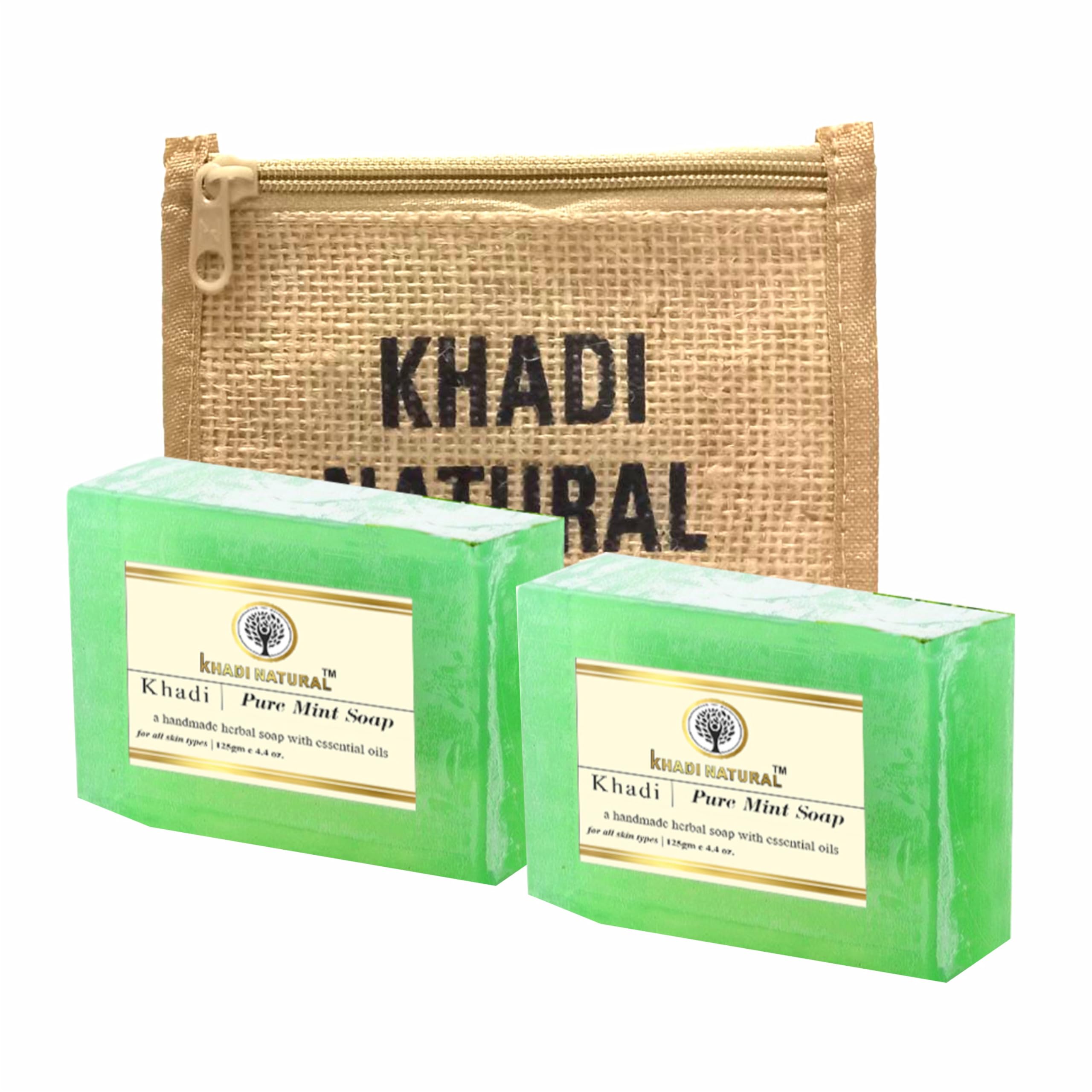 Khadi Natural Herbal Pure Mint Soap 125g (Pack of 2) - Refreshing & Antibacterial for Face & Body - Perfect for Morning Shower & Post-Workout Cleansing