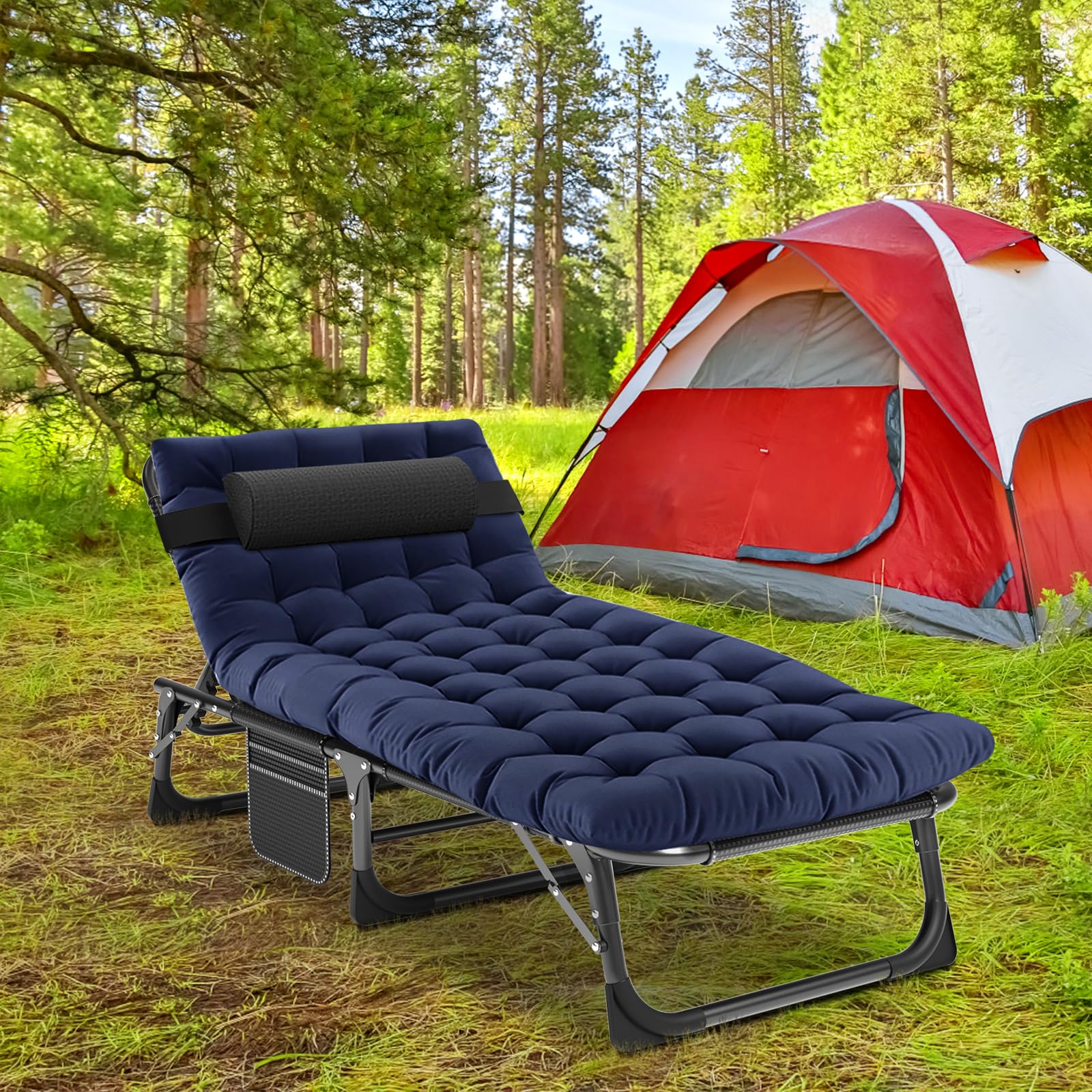 Portable Folding Camping Cot - Adjustable 4-Position Reclining Chaise Lounge Chair with Pillow for Adults - Lightweight Outdoor Sleeping Cot for Camping, Beach, Poolside & Patio Relaxation - Perfect for Backyard, Picnics & Travel Adventures