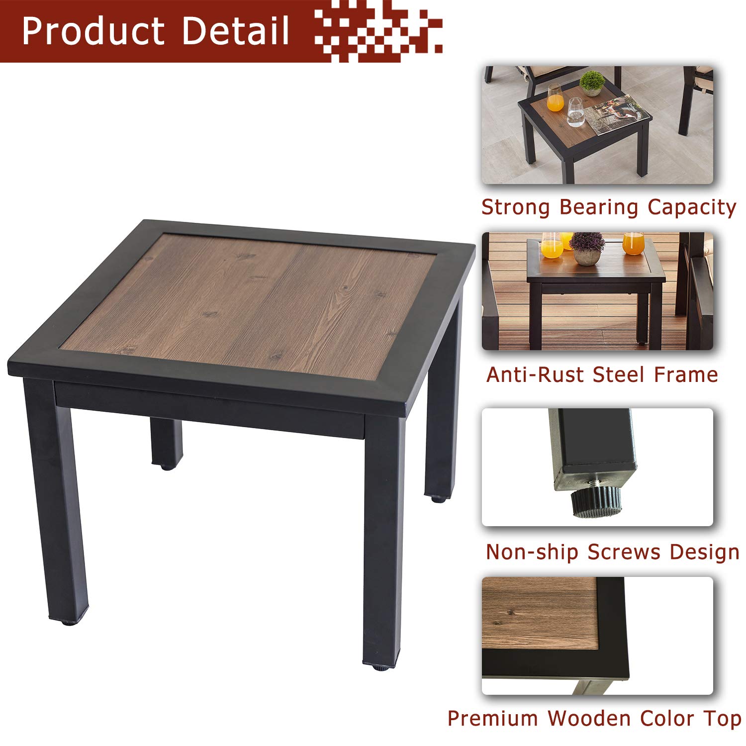 Outdoor Patio Side Table - Square Metal Frame with Wooden Finish Top, Steel Legs for Poolside, Deck, Garden - Perfect for BBQs, Lounging & Entertaining (Brown)