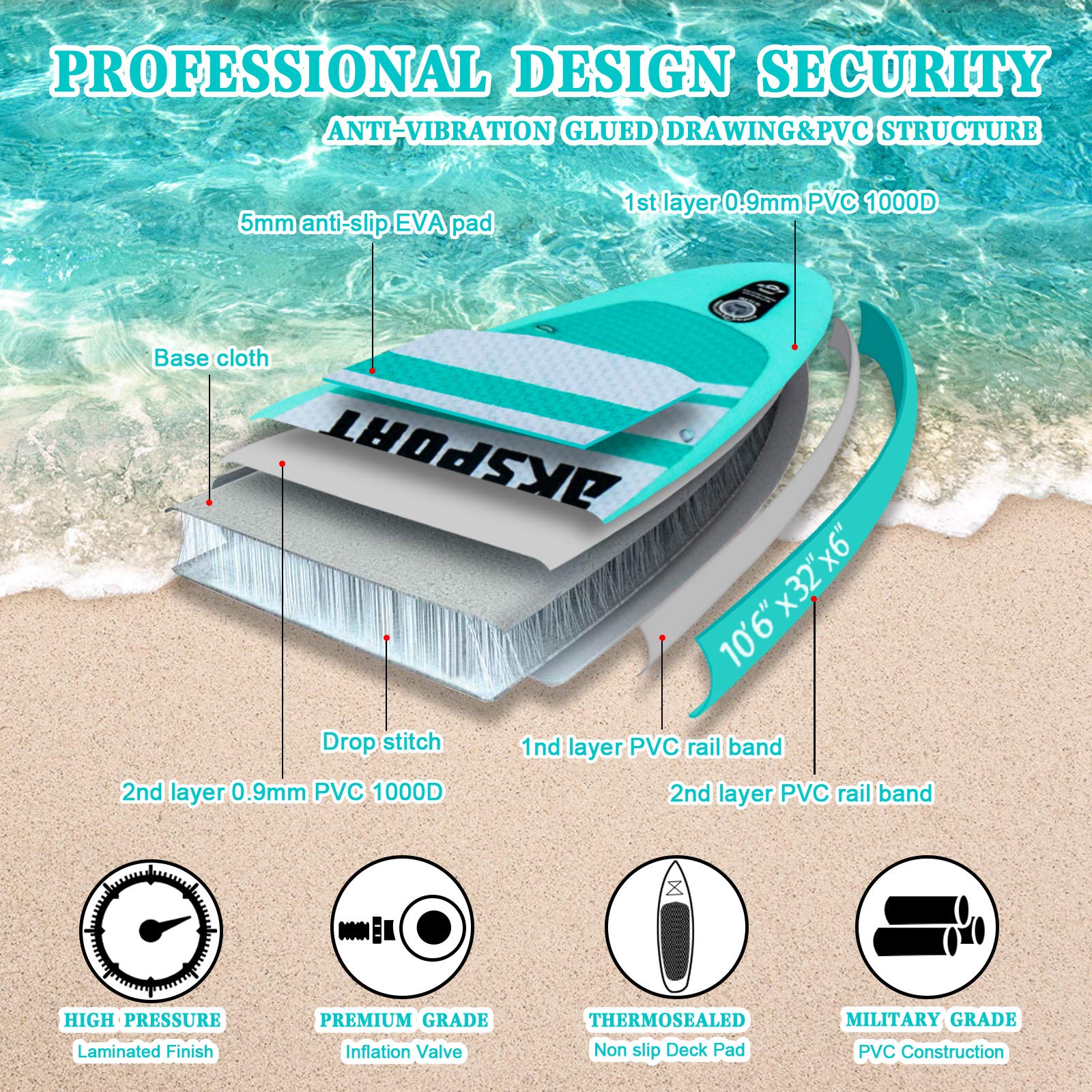 AKSPORT Inflatable Stand Up Paddle Board (SUP) with Premium Accessories Kit - Lightweight & Portable SUP Board for Adults & Youth - Perfect for Lakes, Rivers, Ocean & Yoga Paddling