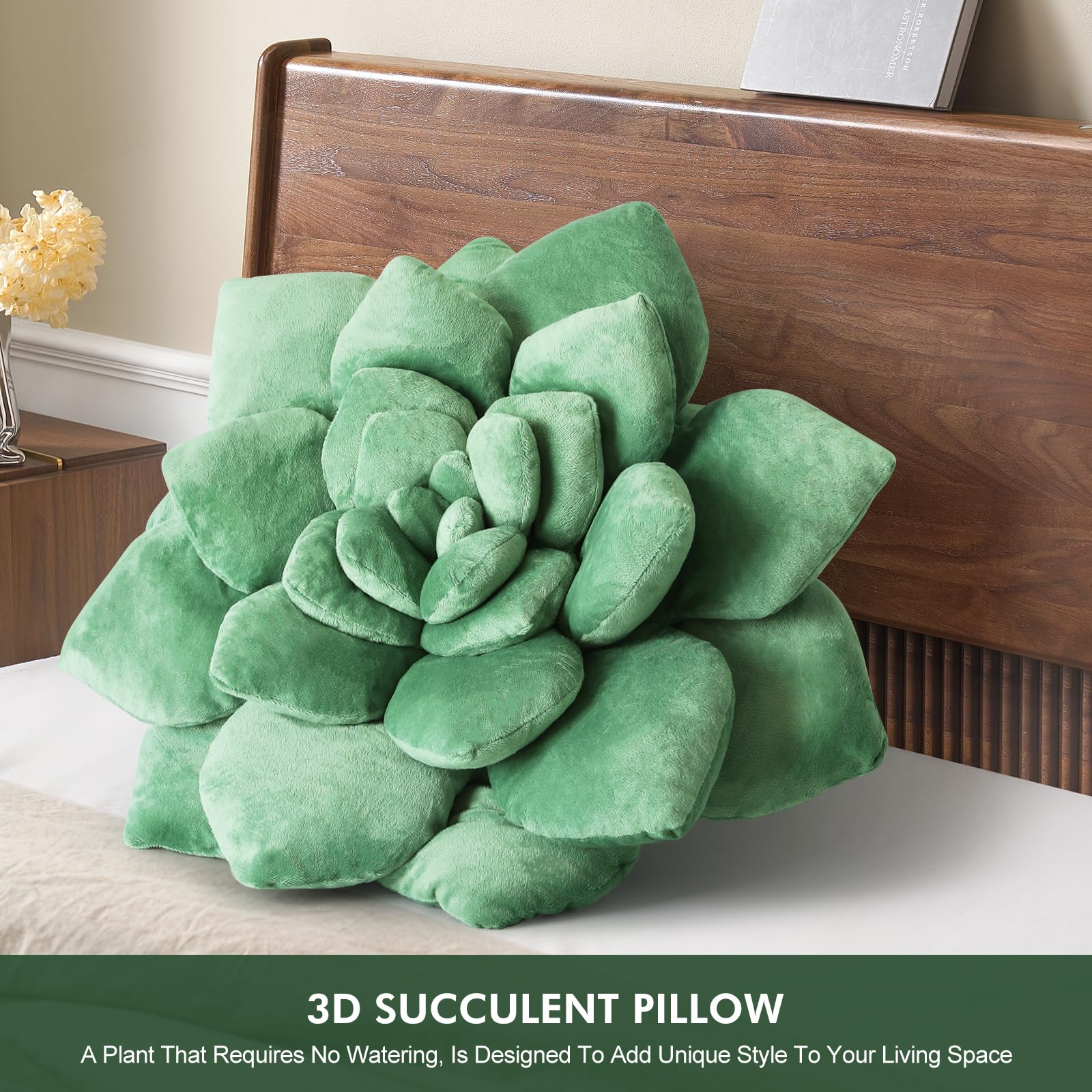 3D Succulent Shaped Pillow - 17.8 Inch Soft Plush Flower Cushion for Bedroom Decor, Unique Green Plant-Shaped Throw Pillow - Perfect for Sofa, Living Room, Nursery & Home Decoration