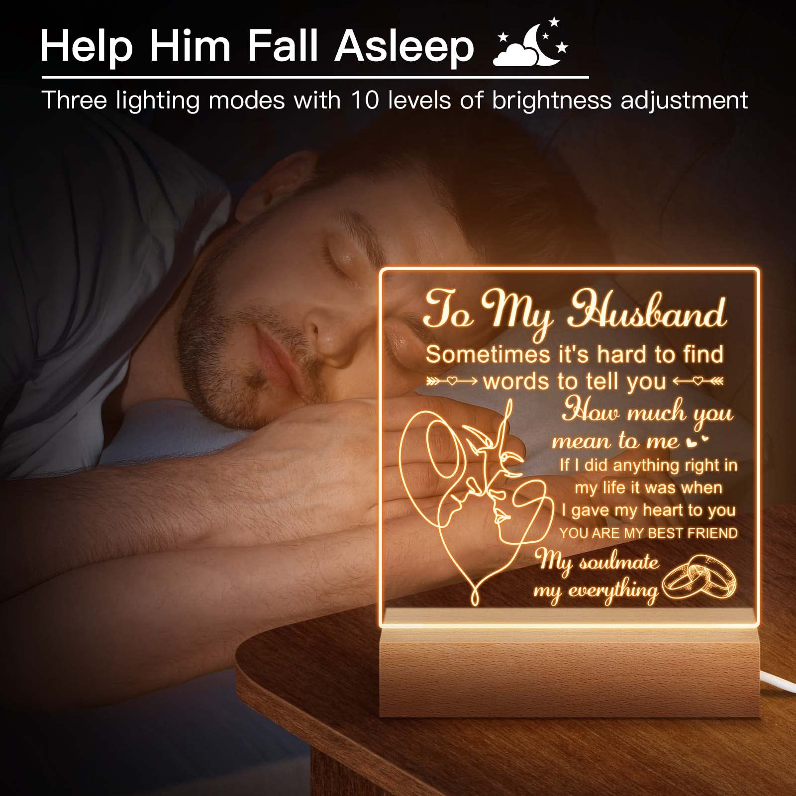 **Personalized Engraved Night Light for Husband - Wooden Base Bedside Lamp - Unique Birthday, Anniversary & Wedding Gift for Him - Perfect for Bedroom Decor & Romantic Surprises**