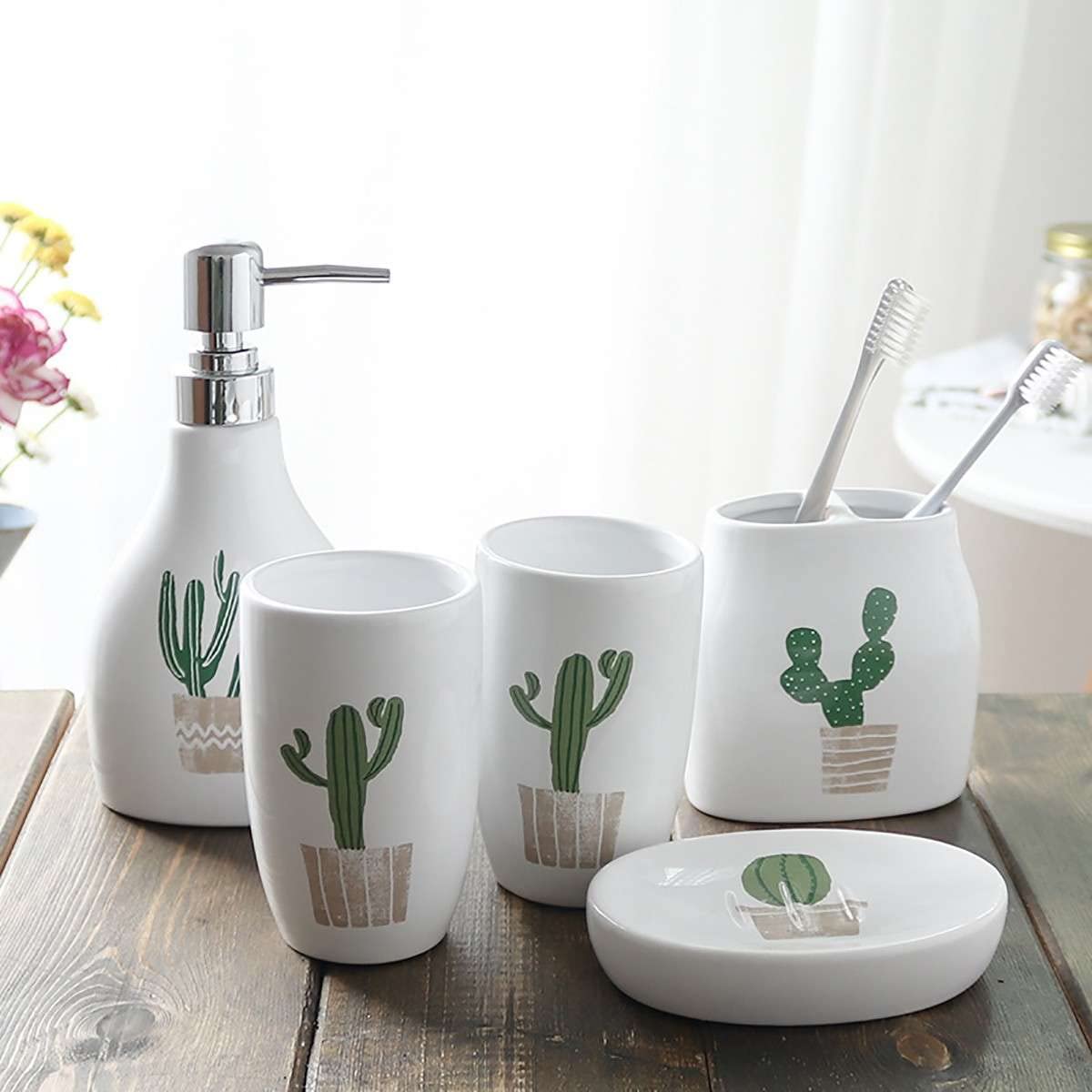 Cactus Bathroom Accessory Set - 5 Piece Western Style Bathroom Decor with Toothbrush Holder, Lotion Dispenser & Soap Dish in White & Green | Perfect for Southwestern, Boho & Farmhouse Bathroom Decor