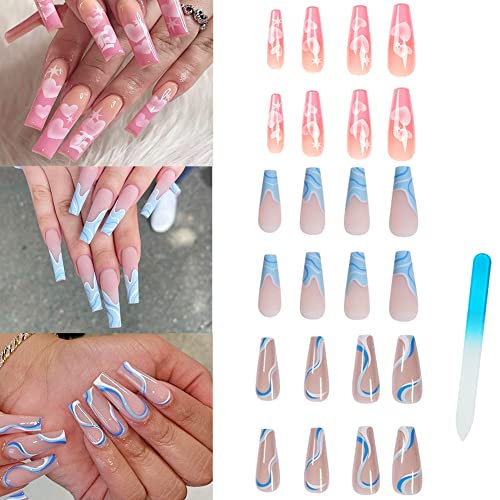 3 Packs (72pcs) Extra Long Press on Nails - Glossy Fake Nails with Summer Beach Designs, Full Cover False Nails for Women & Girls, Coffin Shape (Blue & Pink) - Perfect for Vacations, Parties, and Everyday Manicures