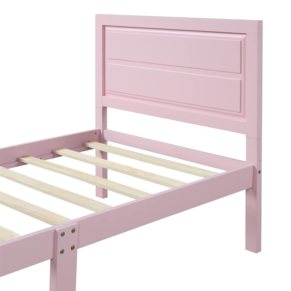 **Pink Twin Size Platform Bed Frame with Wood Slat Support - Rectangular Headboard & Footboard - Sturdy Bedroom Furniture with Under-Bed Storage Space - Perfect for Small Rooms, Kids' Bedrooms & Modern Apartments**