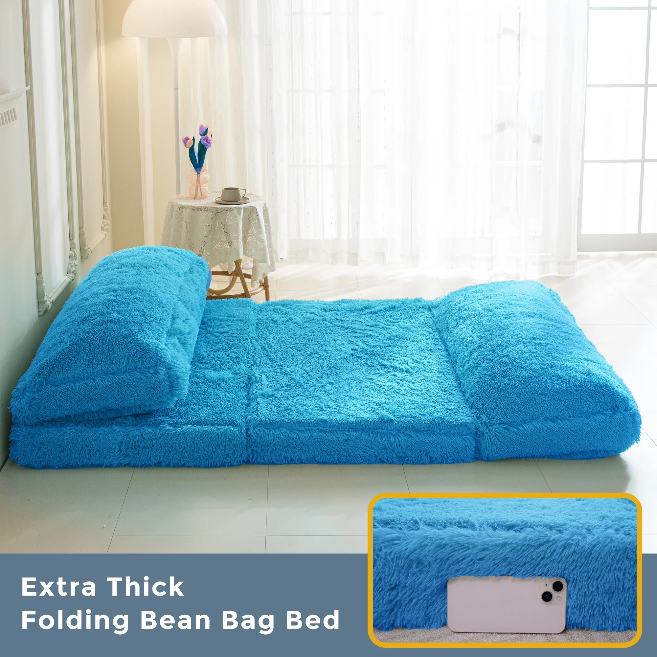 MAXYOYO Folding Bean Bag Sofa Bed - Soft Faux Fur Floor Couch with Foam Filling, Blue - Perfect for Living Room, Bedroom, Dorm & Small Space Relaxation