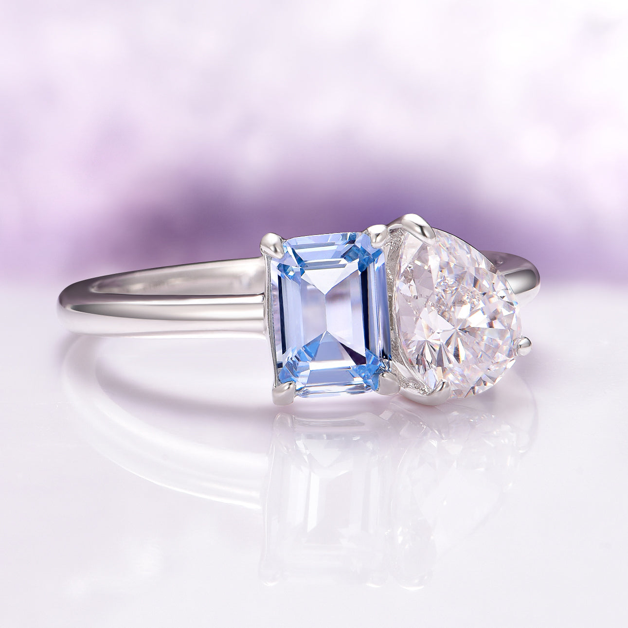 Toi Et Moi Aquamarine and Diamond (CZ) Ring - 925 Sterling Silver Engagement Ring for Women, Perfect for Valentine's Day, Anniversary, or Proposal Gift