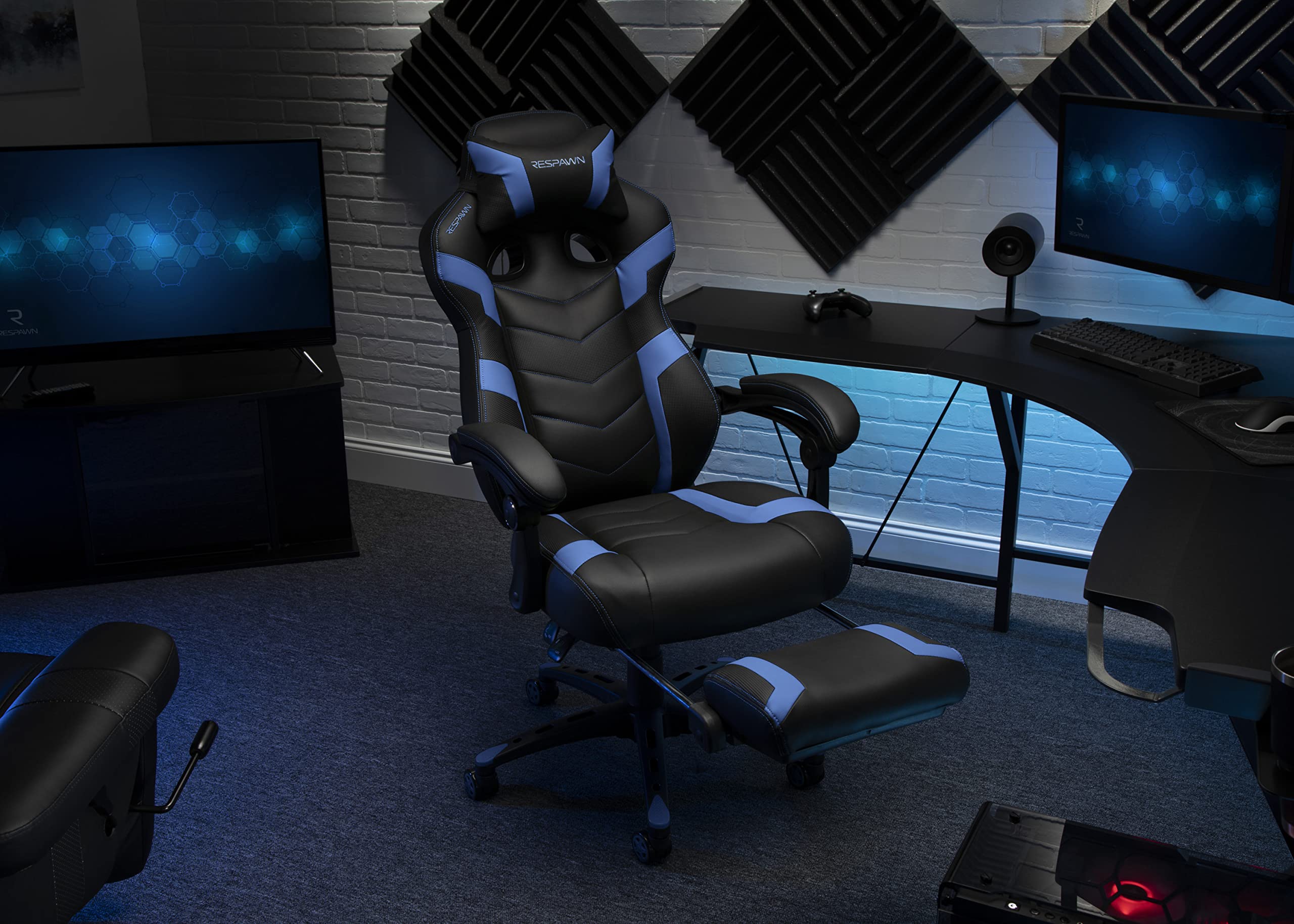 RESPAWN 110 Ergonomic Gaming Chair with Footrest - Racing Style High Back Office Chair with 360 Swivel, Adjustable Lumbar Support & Headrest Pillow - Perfect for PC Gaming, Home Office & Streaming Setup (2021 Blue)